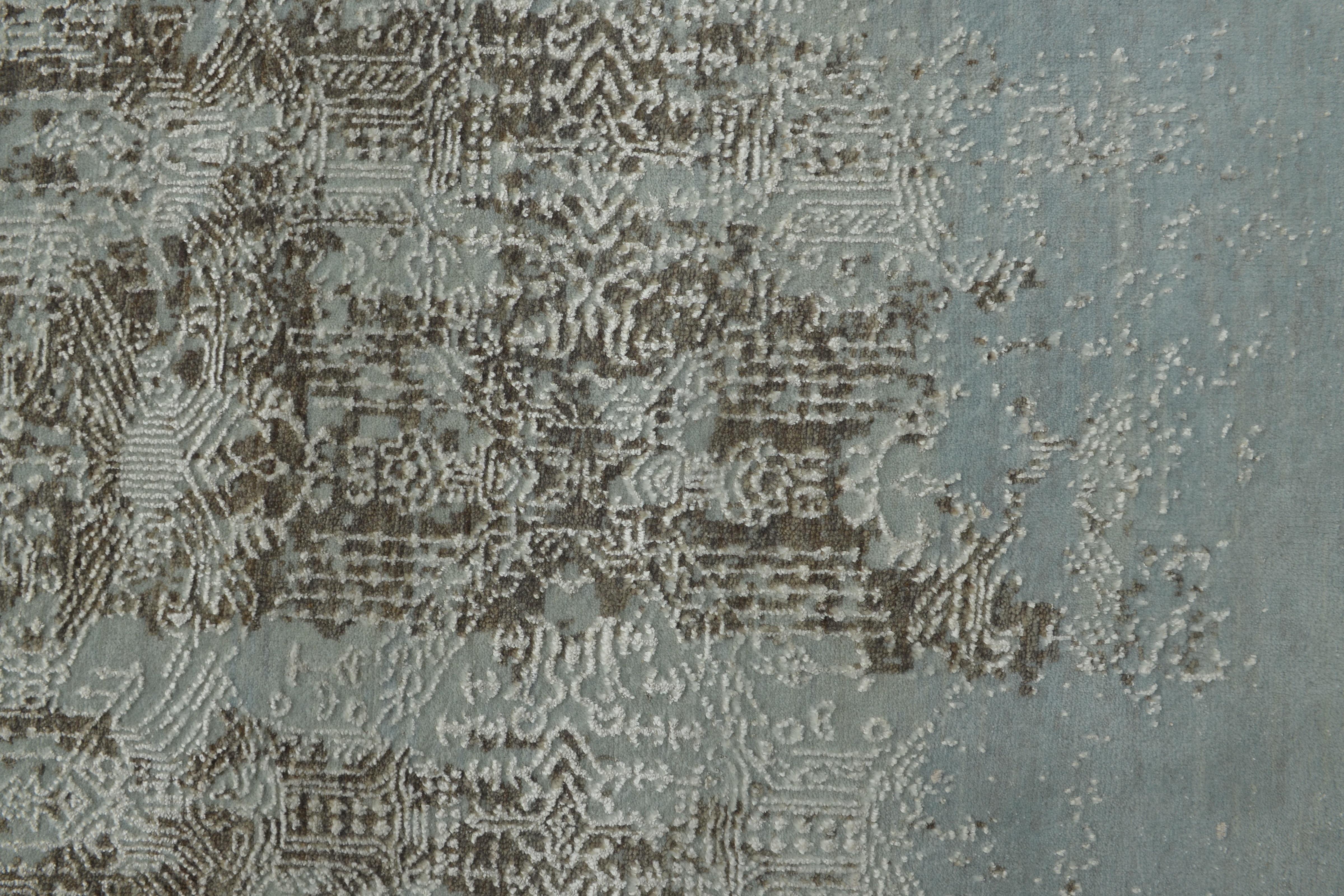 Hand-Knotted Modern Abstract Rug with Blue and Beige Brown Distressed Pattern by Rug & Kilim