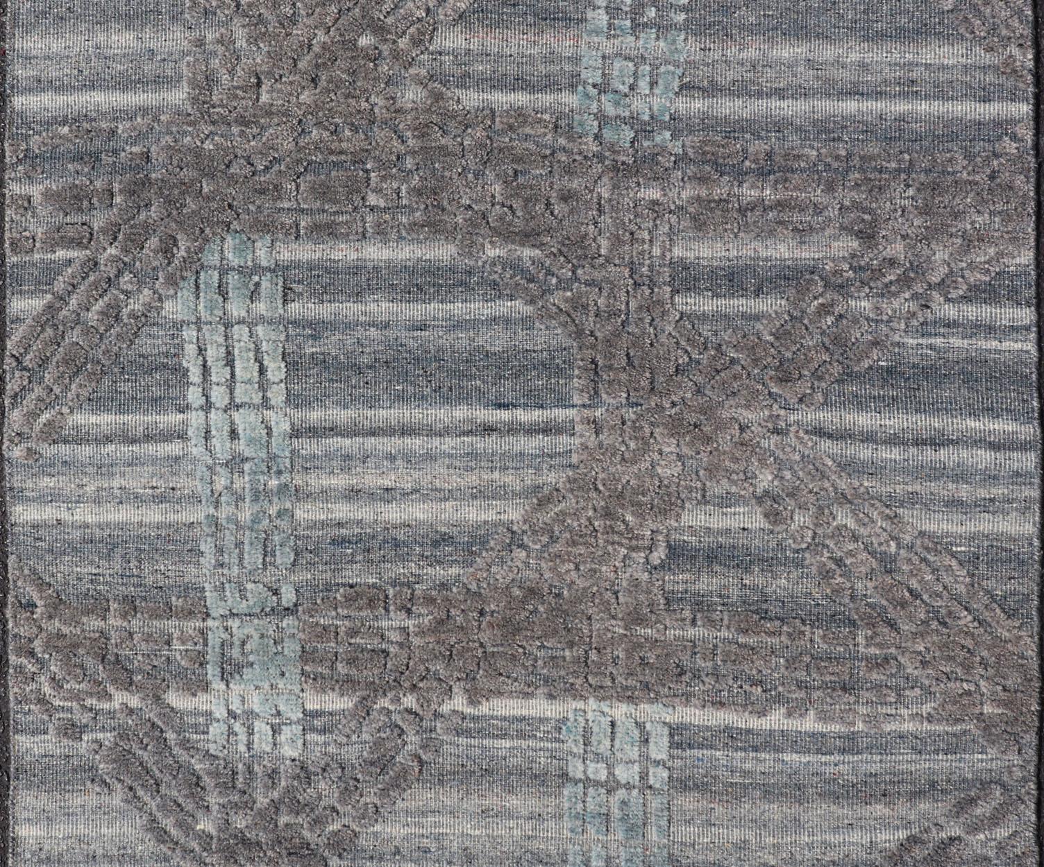 Indian Modern Abstract Rug with Contemporary Design in Blue and Grey's For Sale