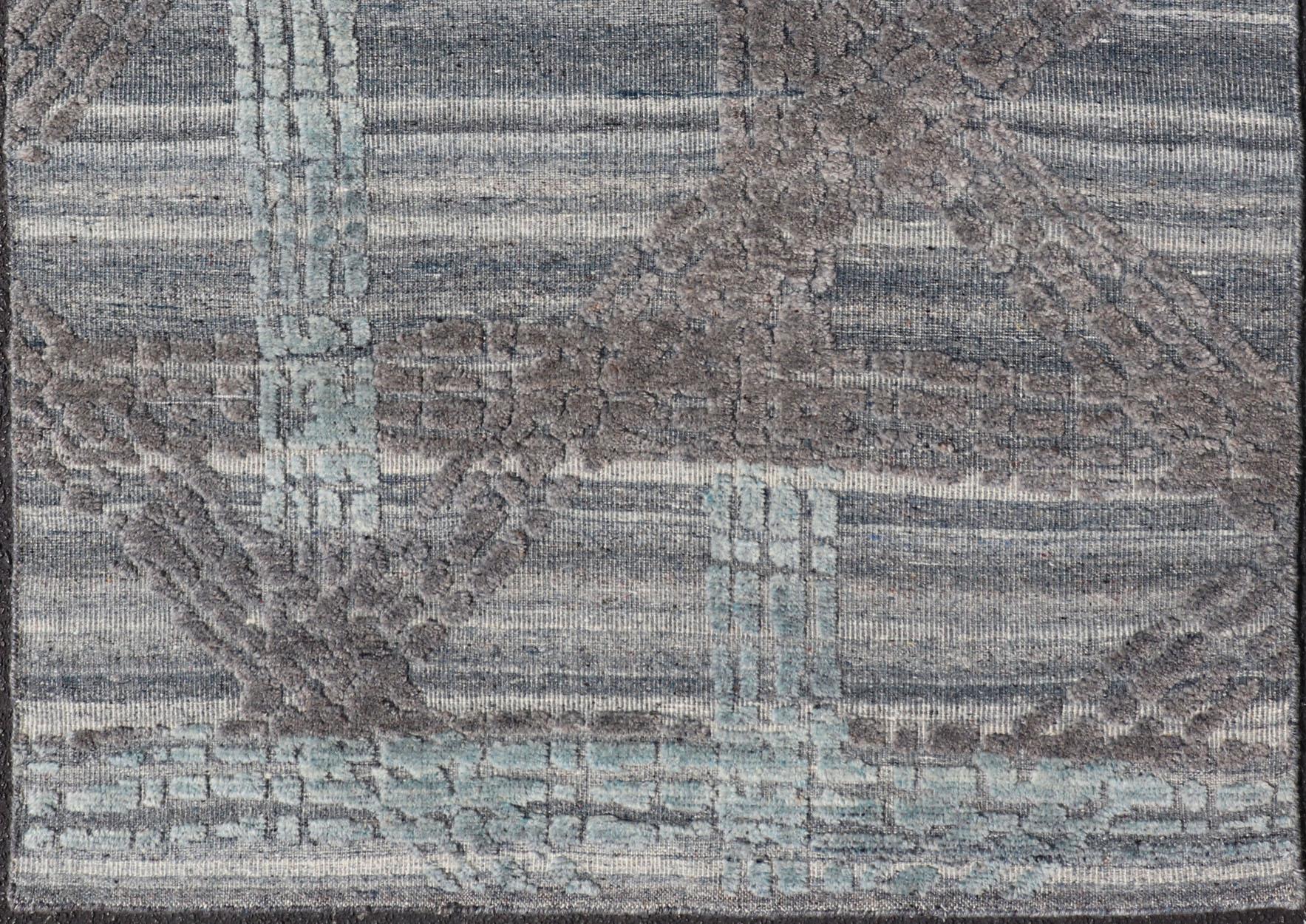 Hand-Knotted Modern Abstract Rug with Contemporary Design in Blue and Grey's For Sale