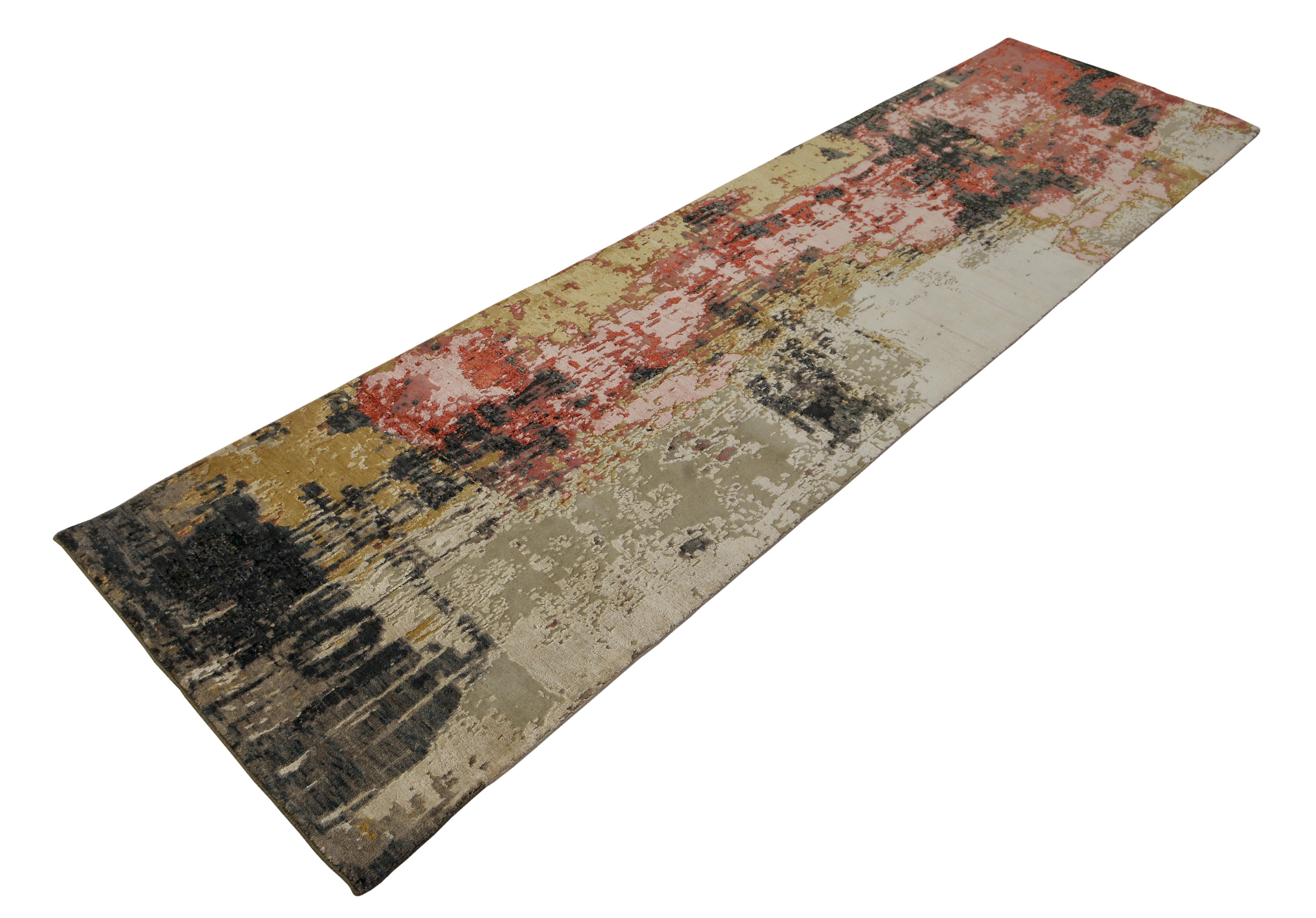 A new addition to the handmade rugs in the abstract rug line by Rug & Kilim, this 2'6'' x 8'1'' modern runner is hand knotted in a unique, proprietary blend of quality wool and silk, the natural luster of the latter bringing out modern hues of beige