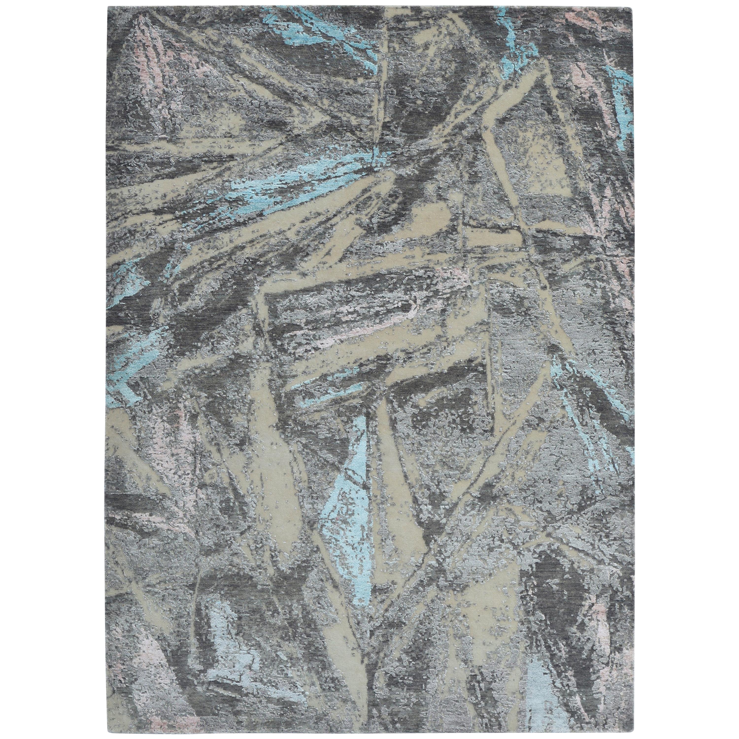 Modern Abstract Rug with Gray and Blue Distressed Pattern by Rug & Kilim