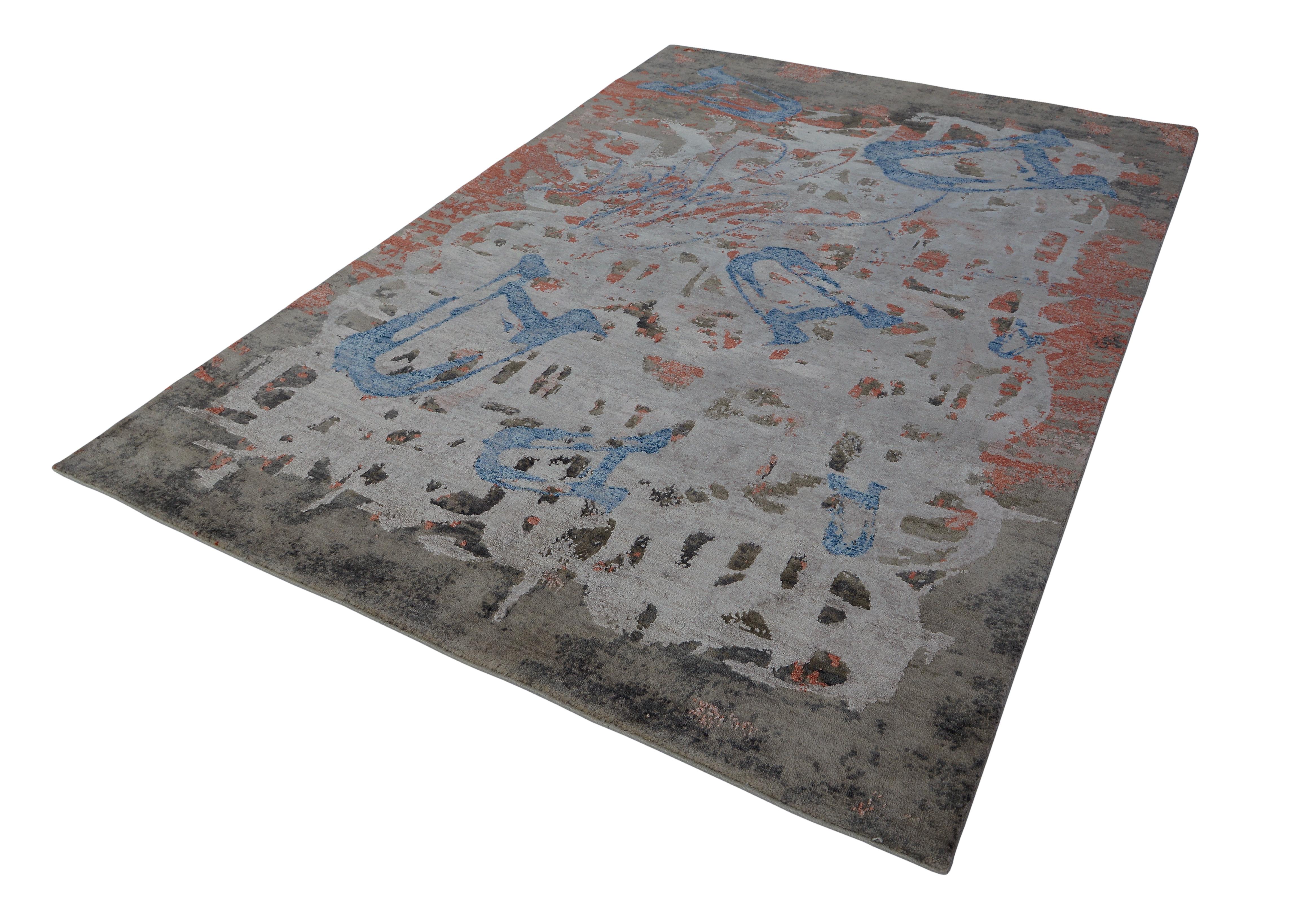 Indian Modern Abstract Rug with Gray Red and Blue All-Over Pattern by Rug & Kilim