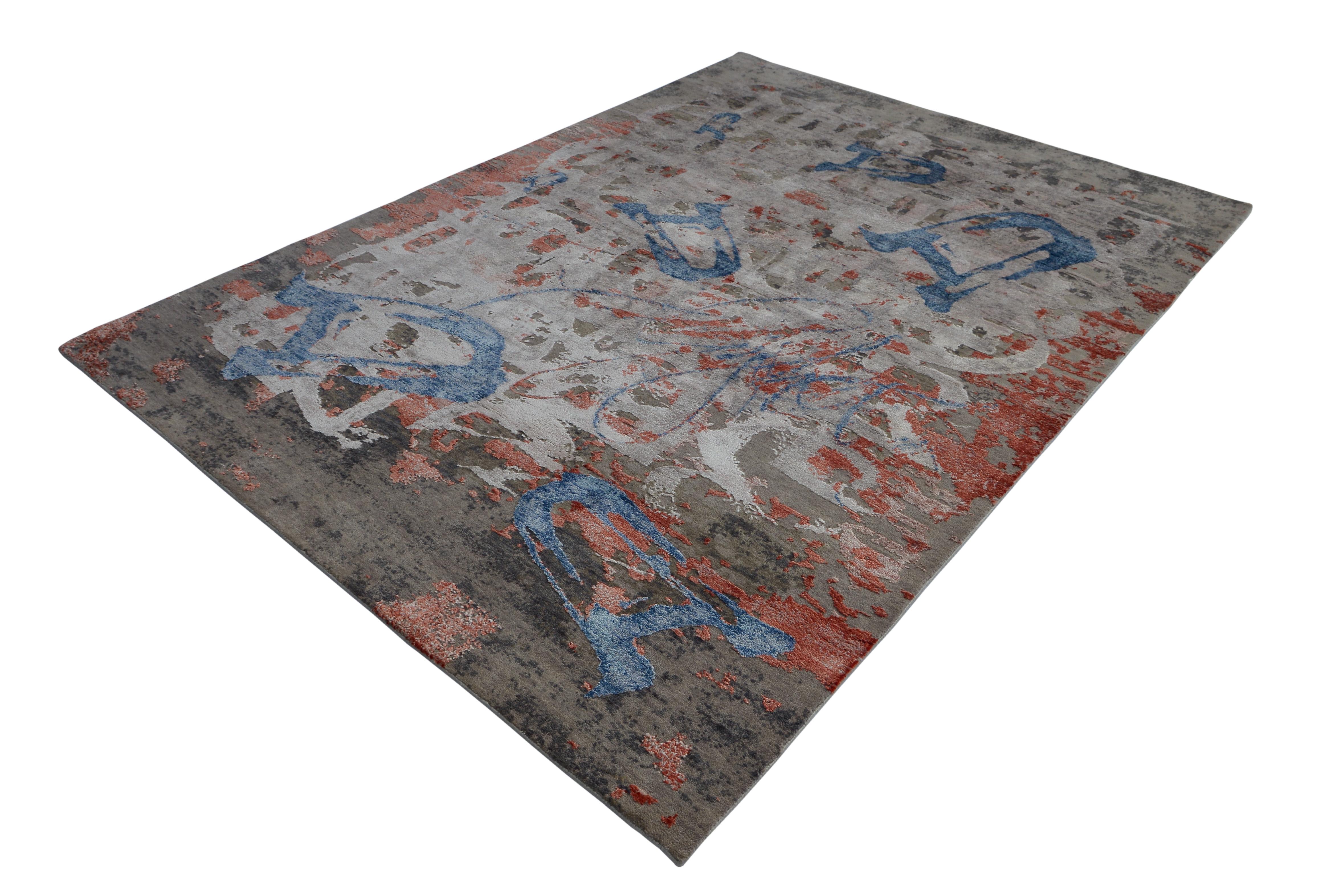 Hand-Knotted Modern Abstract Rug with Gray Red and Blue All-Over Pattern by Rug & Kilim