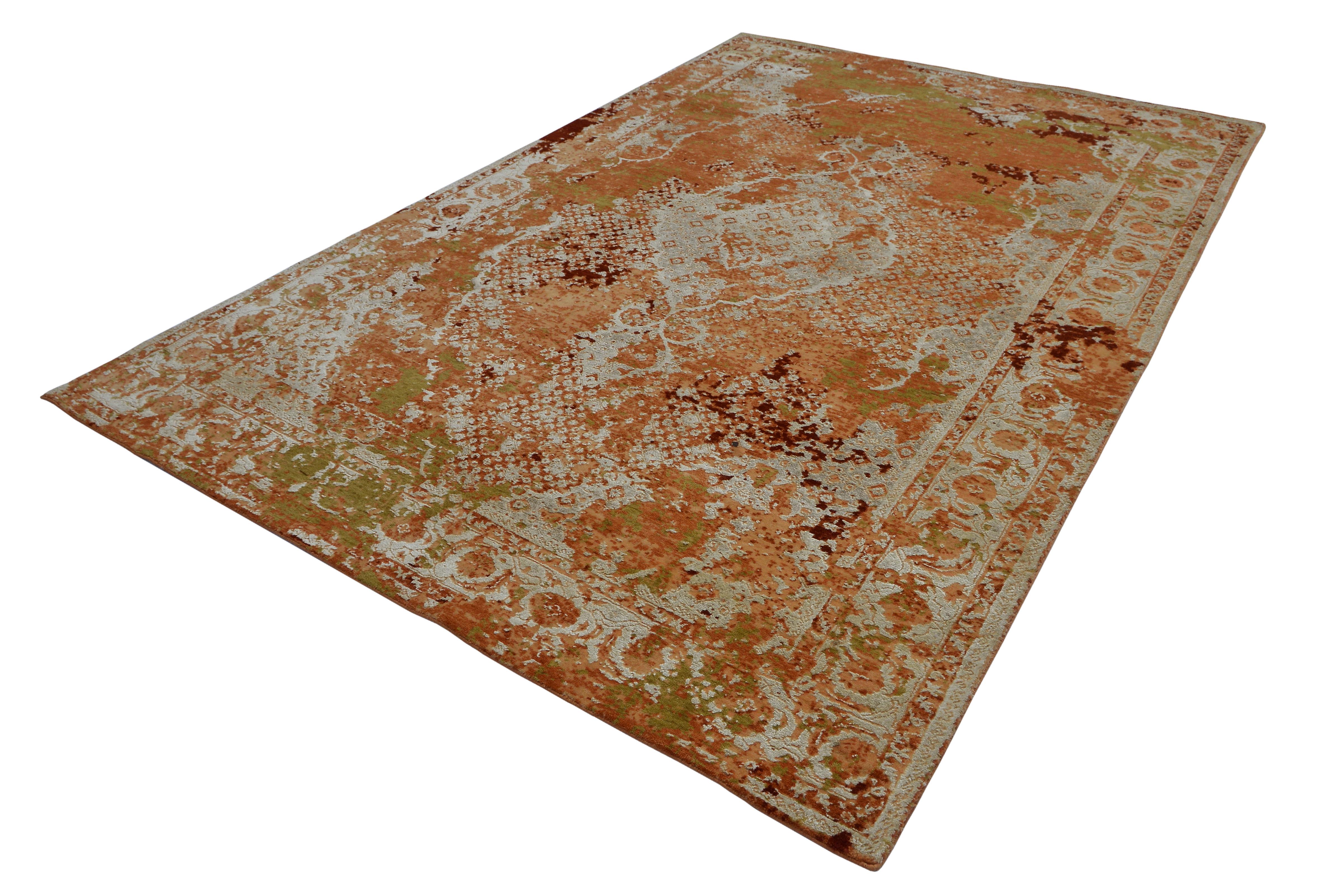 Indian Rug & Kilim's Modern Abstract Rug with Orange and Beige All-Over Pattern For Sale
