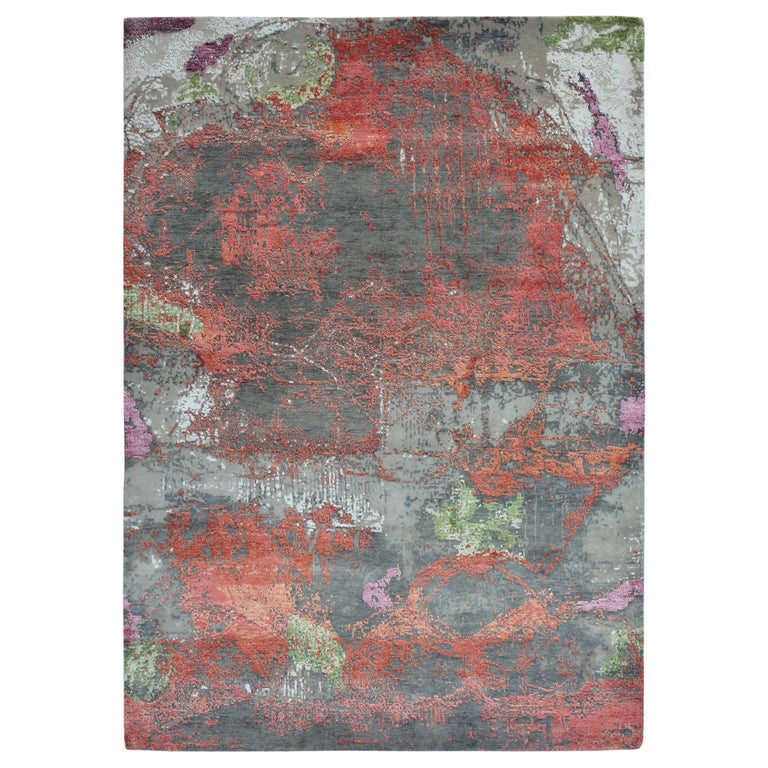 Modern Abstract Rug with Silver Gray and Red Distressed Pattern by Rug ...