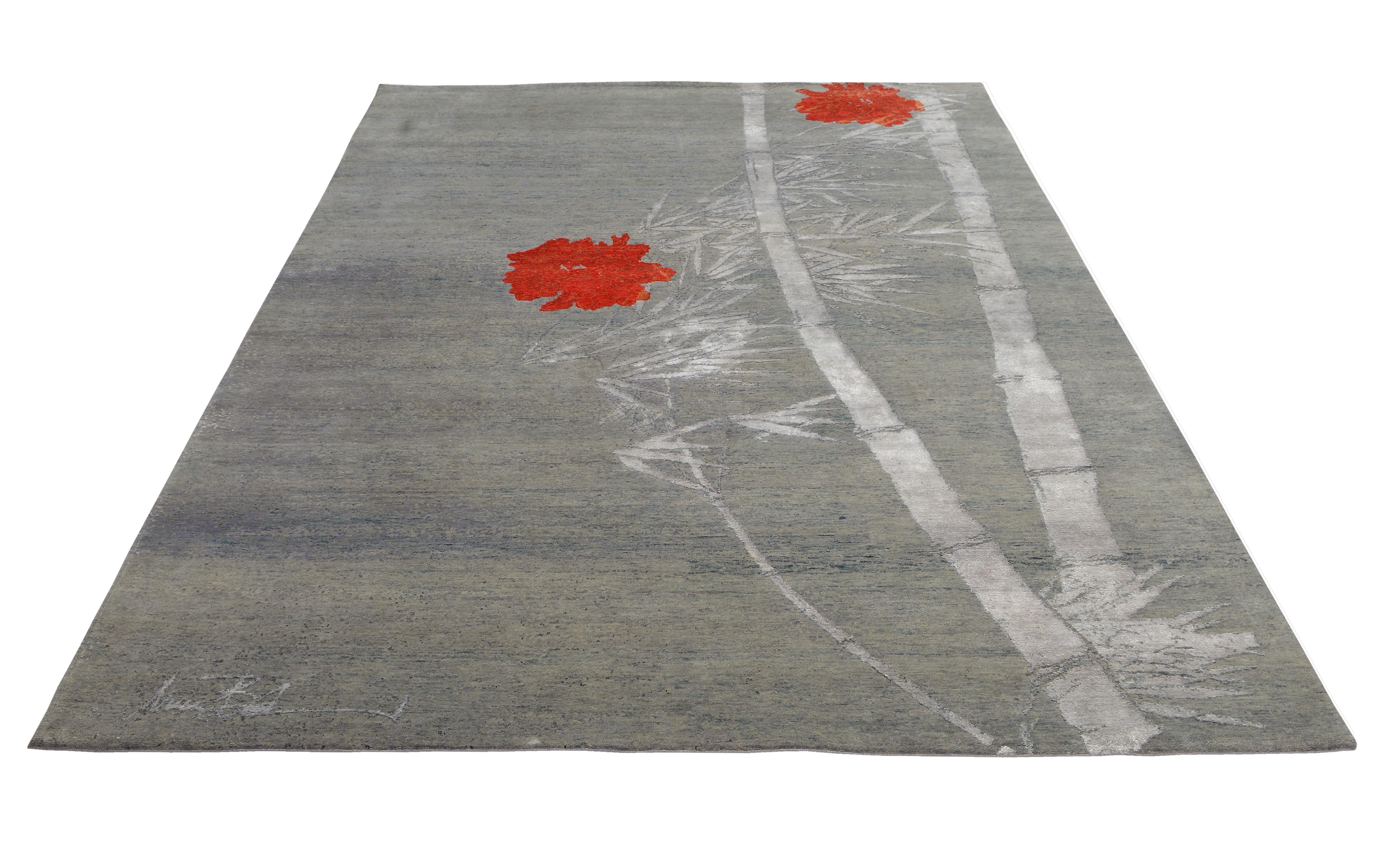 Hand-Knotted Modern Abstract Rug with Silver-Gray and Red Floral Pattern by Rug & Kilim