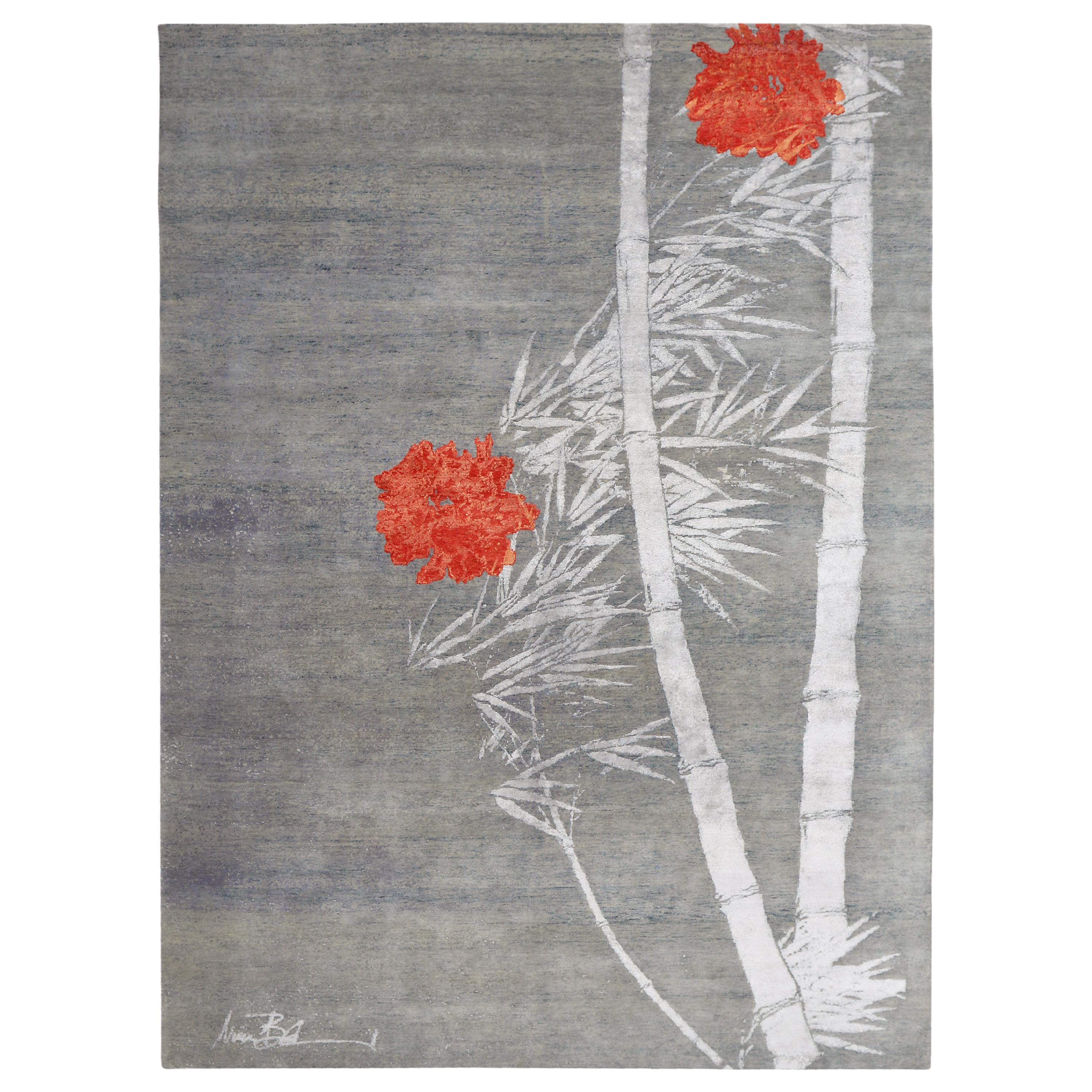 Modern Abstract Rug with Silver-Gray and Red Floral Pattern by Rug & Kilim