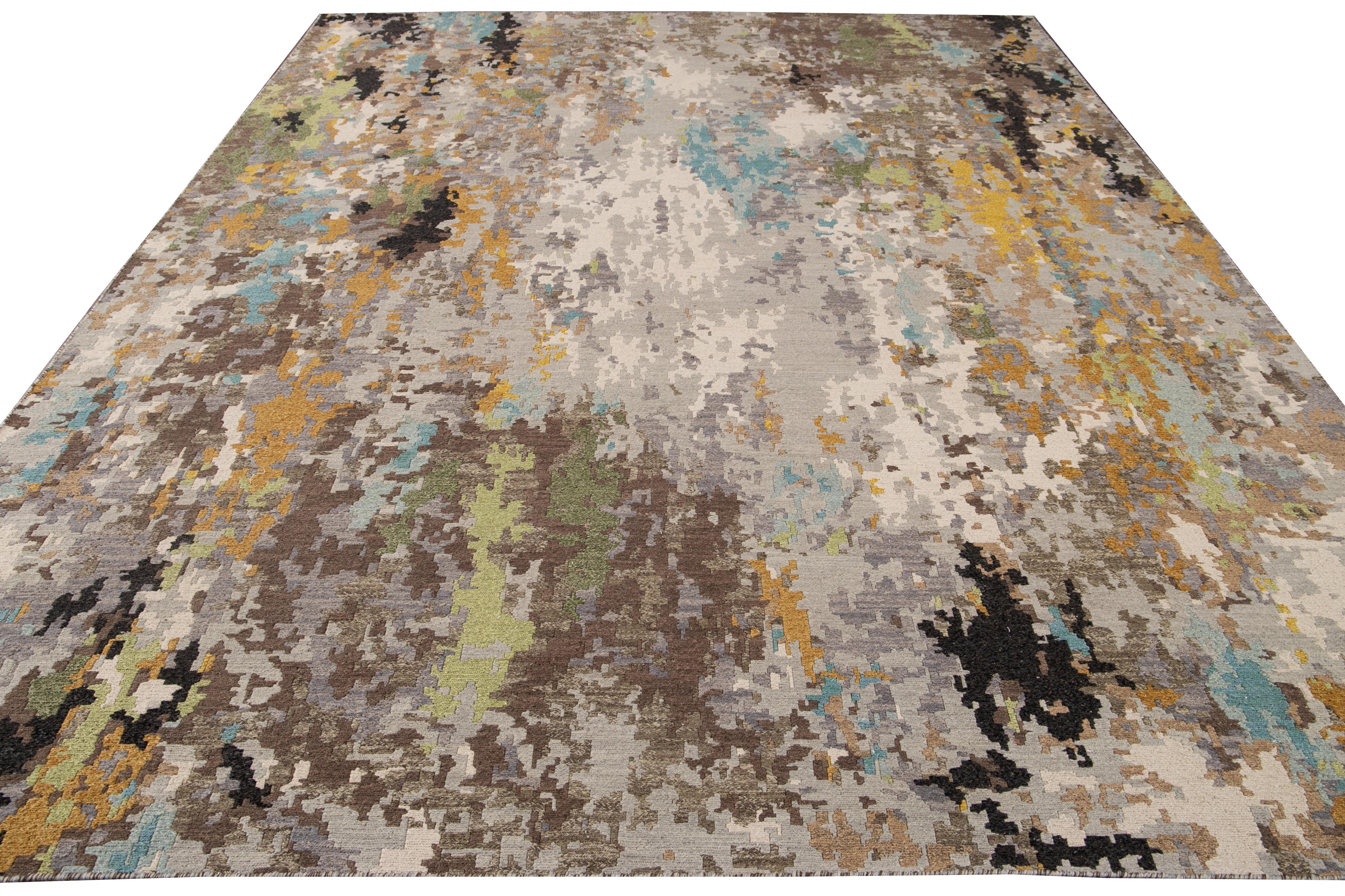 Hand-Knotted Modern Abstract Soumak Weave Wool Rug For Sale