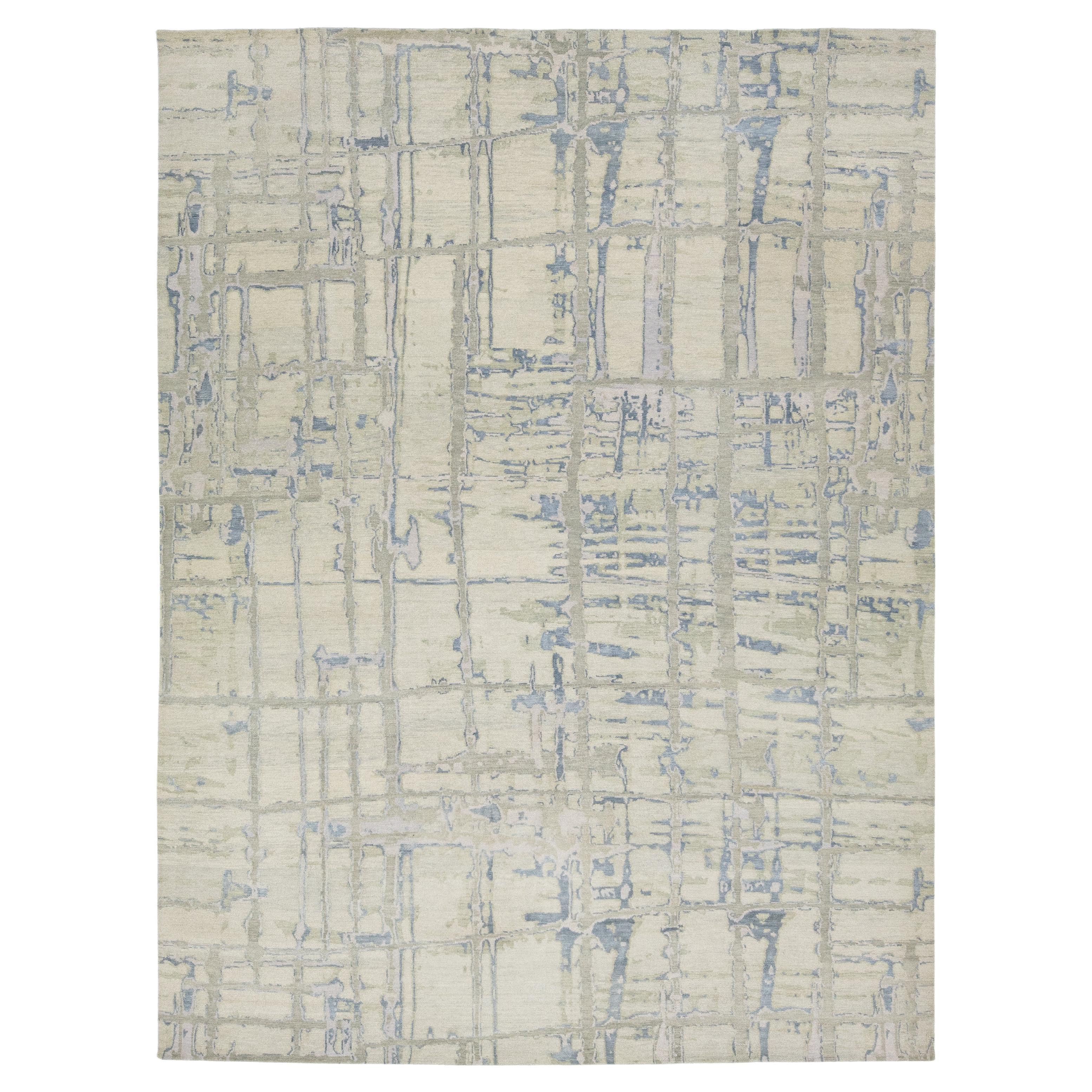 Alfombra moderna abstracta de lana tibetana en gris claro y beige