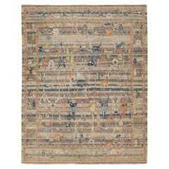 Modern Abstract Tribal Indian Bidjar Wool Rug Neutral Earth Tones & Blue Accents