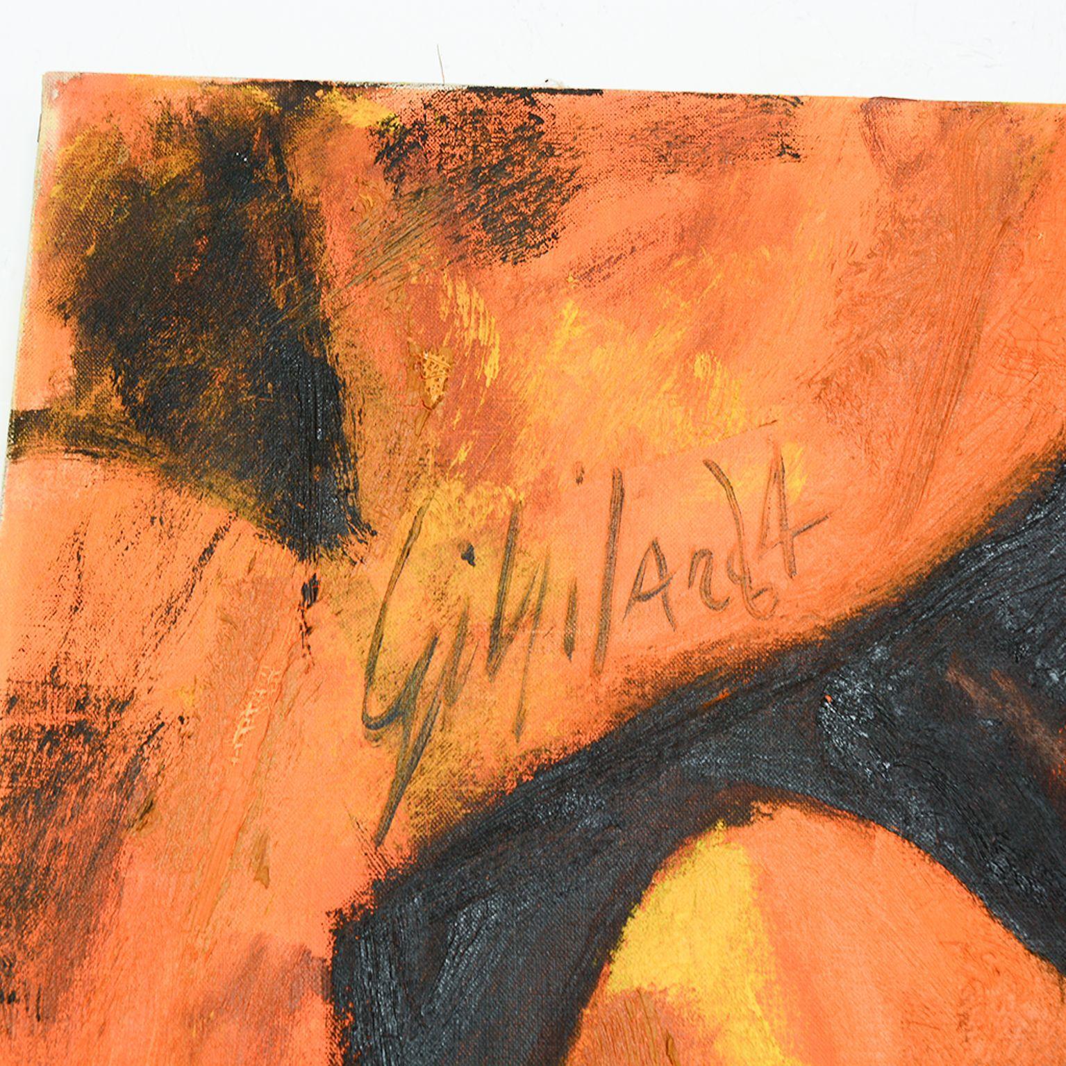 For your consideration a vintage abstract oil on canvas. Abstract painting of two nude pregnant women. Canvas mounted on wood stretcher, no frame. Color orange hues. Signed in upper left corner, unable to read the signature, circa 1994. Dimensions: