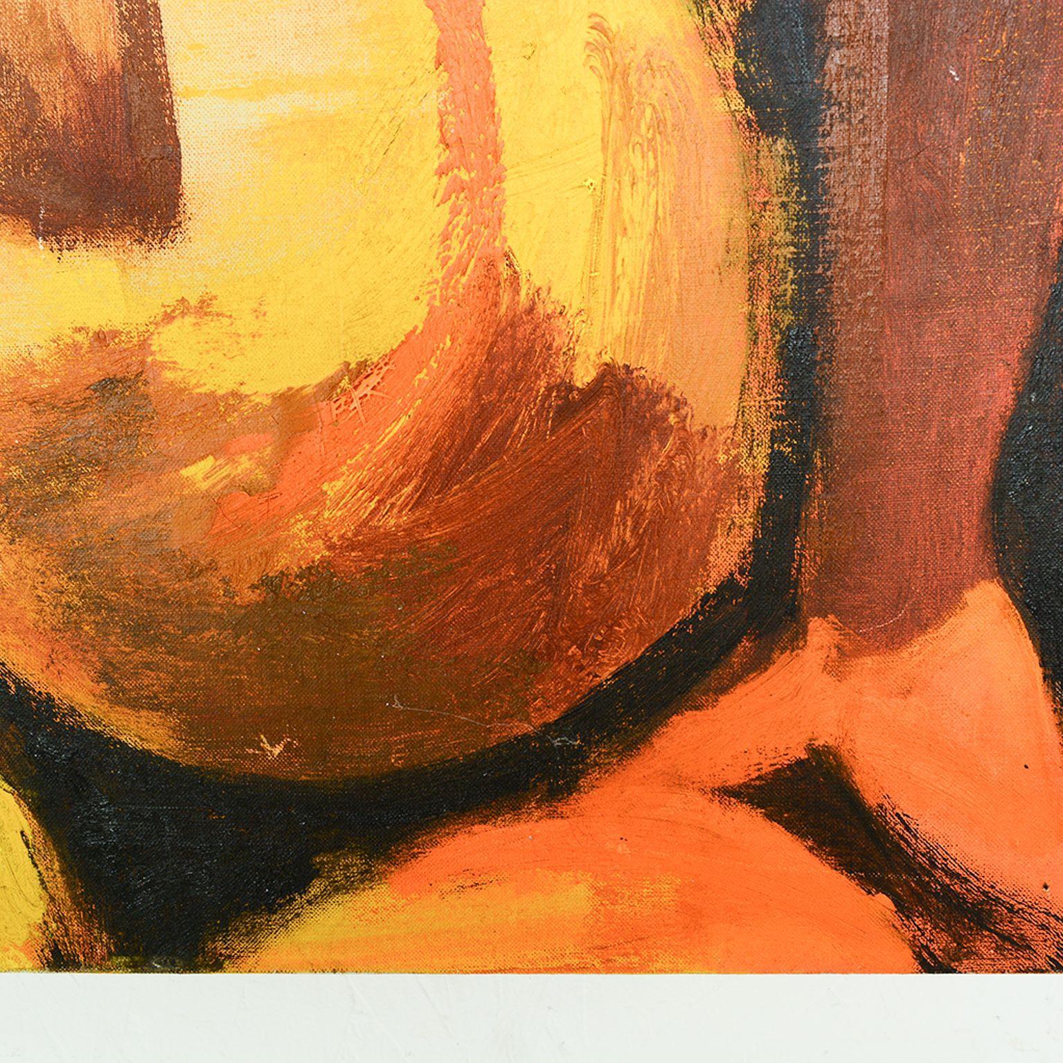 Modern Abstract Two Nude Pregnant Women Orange Oil Canvas Signed Art In Good Condition In Chula Vista, CA