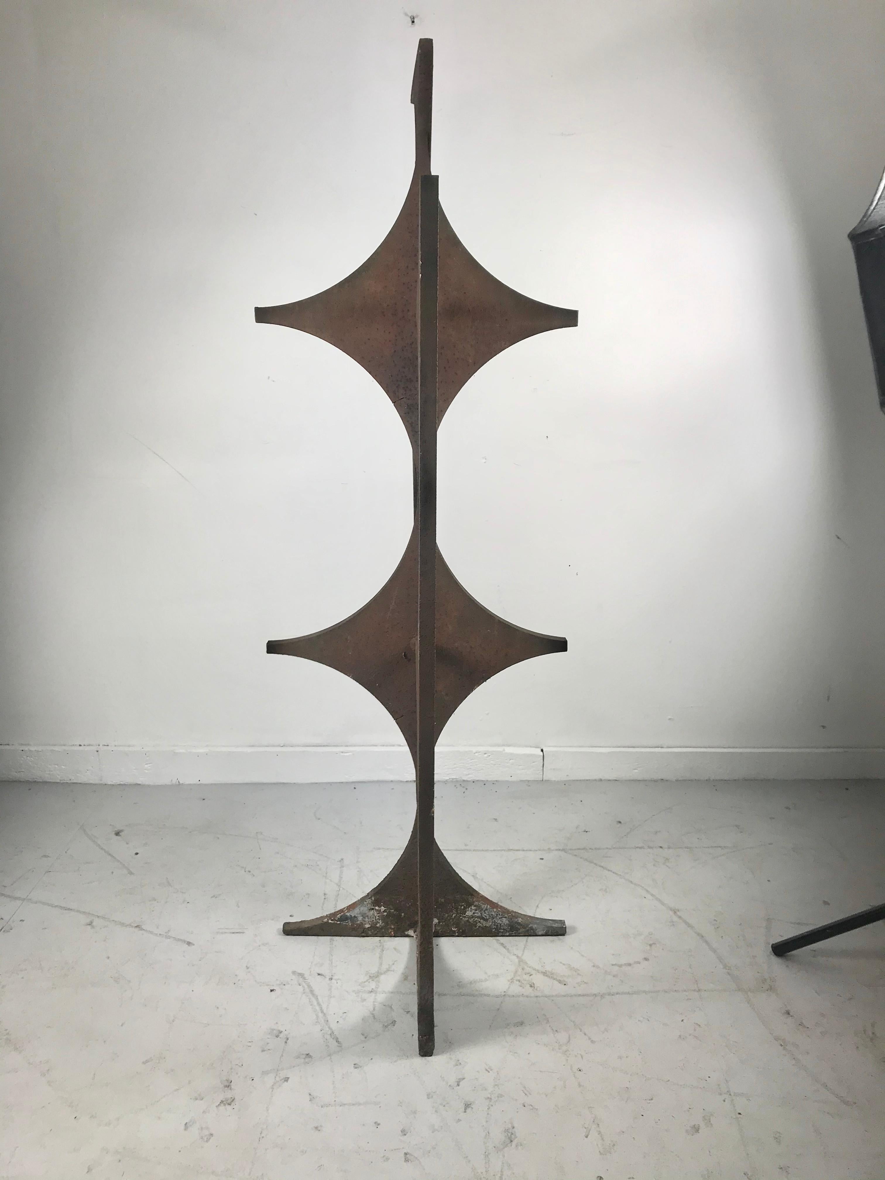 Modern abstract welded steel garden sculpture, Brutalist Design, very well executed, wonderful original patina, handmade steel sculpture,, Been living in a garden of prominent Buffalo New York Estate for the last 60 years, hand delivery avail to New