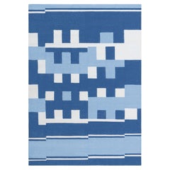 Modern Abstract White Flatweave Carpet "Cobalt Bastion" by Doris Leslie Blau
