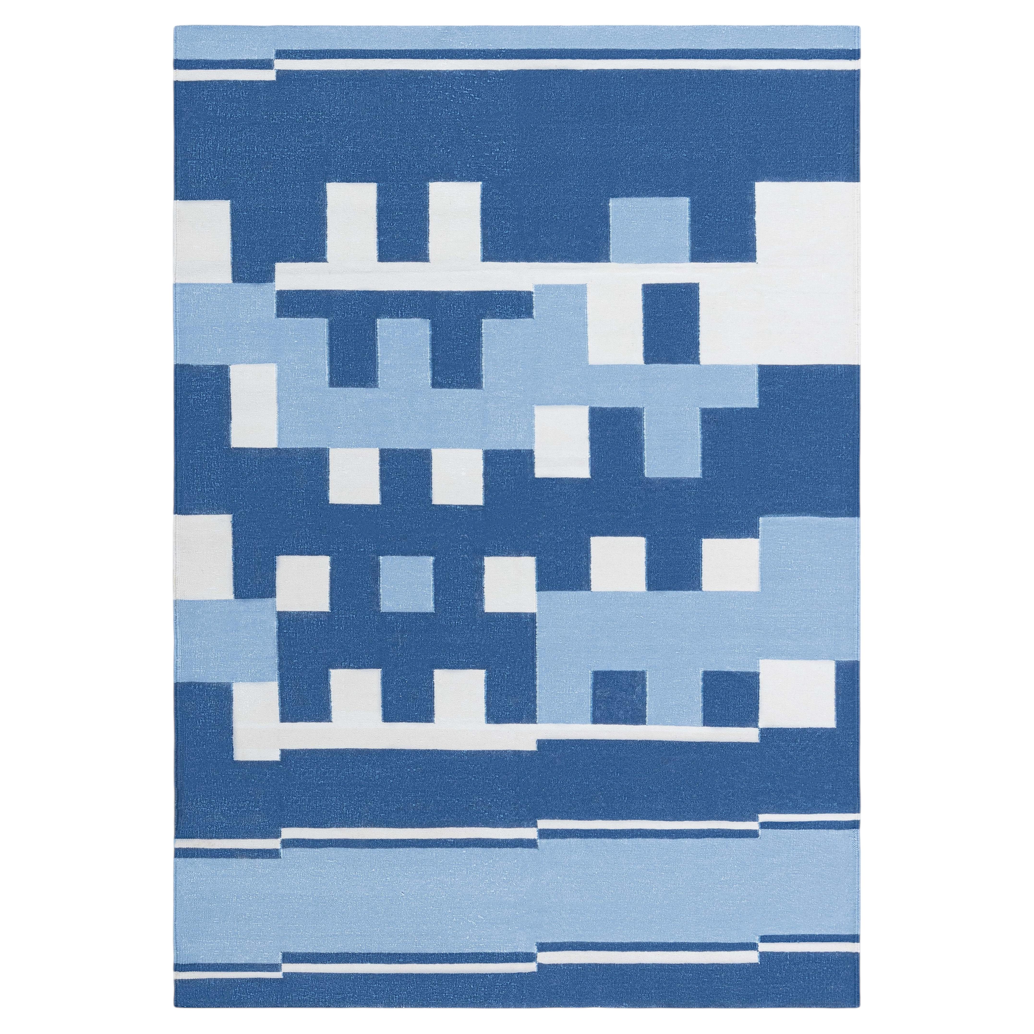Modern Abstract White Flatweave Cotton Rug "Cobalt Bastion" by Doris Leslie Blau For Sale
