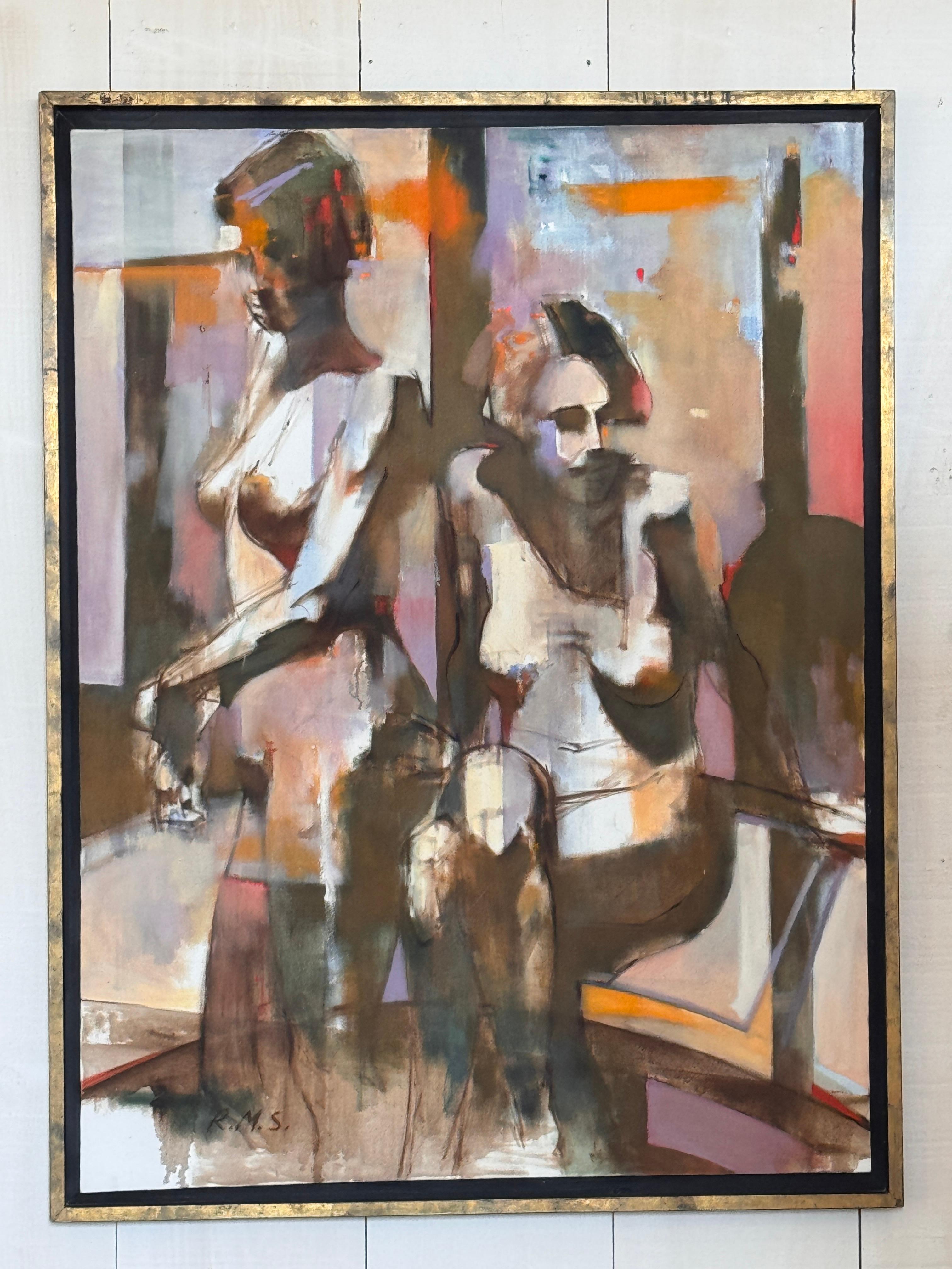 Abstraktes zeitgenössisches Gemälde mit zwei weiblichen Figuren, die mit ausdrucksstarken Pinselstrichen und in Ocker-, Rosa- und Grautönen dargestellt sind. Die Komposition vermischt Figuration und Abstraktion mit starker gestischer Energie.