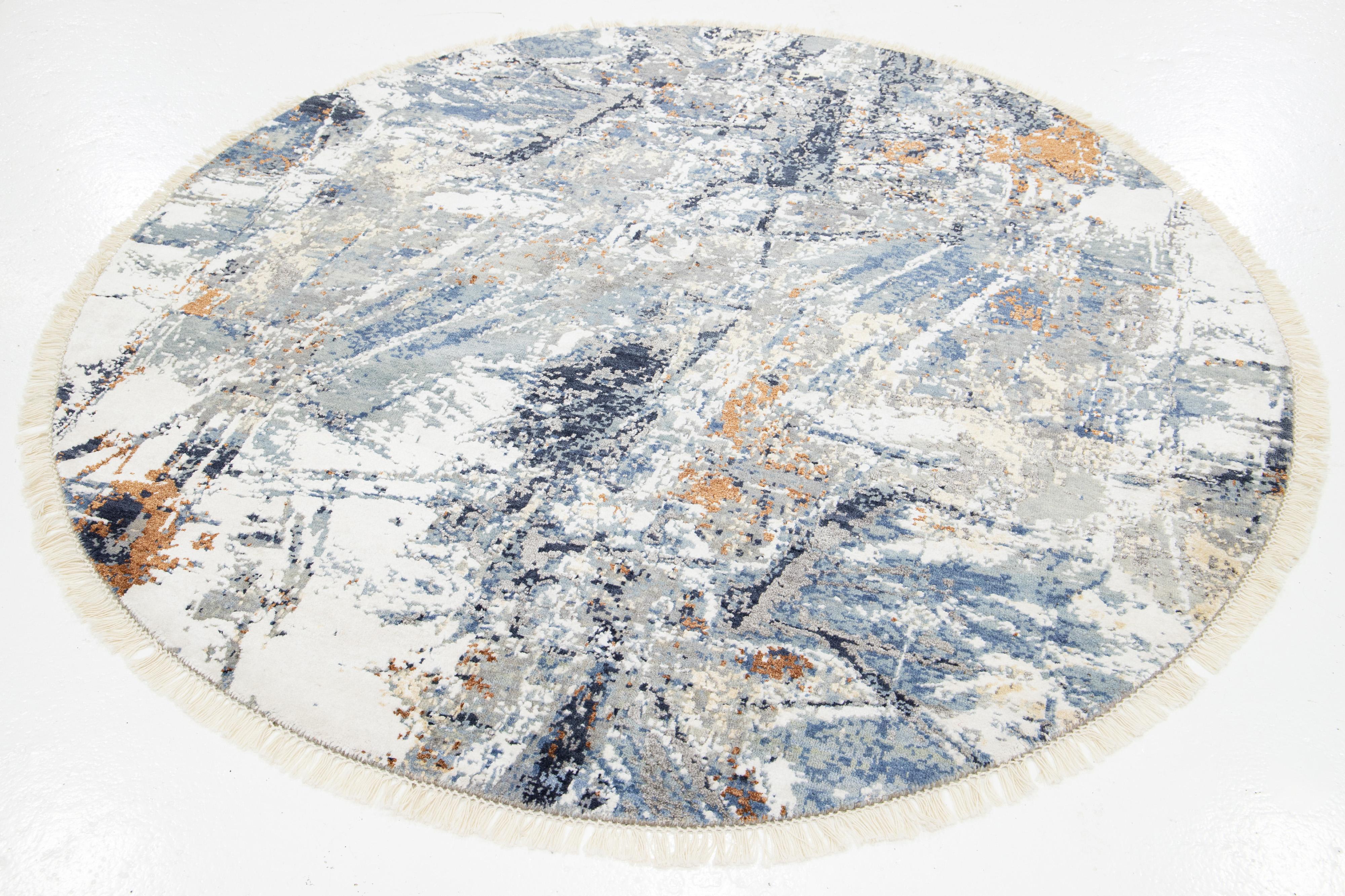 Moderner abstrakter runder Teppich aus Wolle und Seide in Blau und Grau im Zustand „Neu“ im Angebot in Norwalk, CT