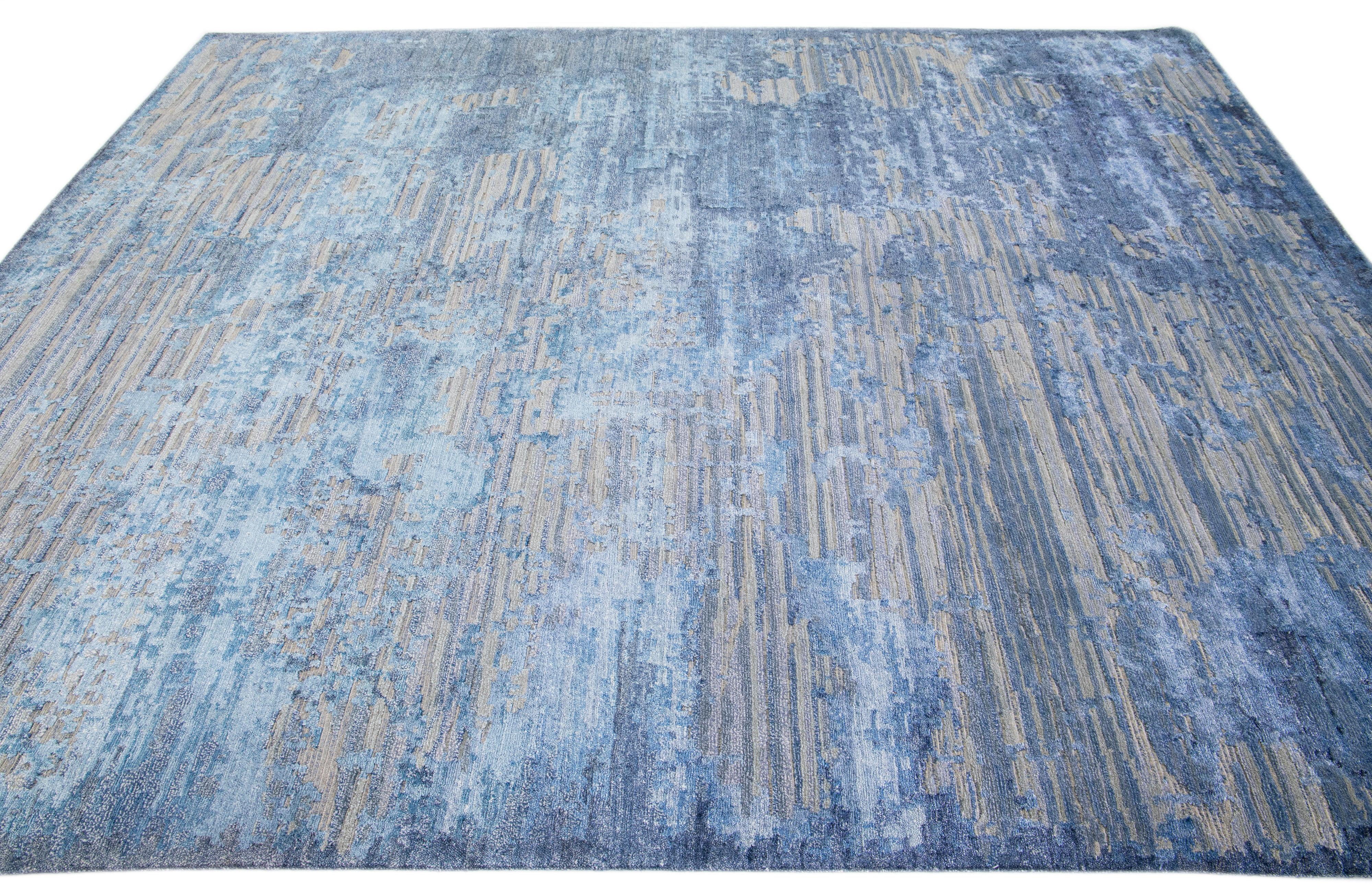 Hand-Knotted Modern Abstract Wool & Silk Rug Handmade in Gray & Blue For Sale