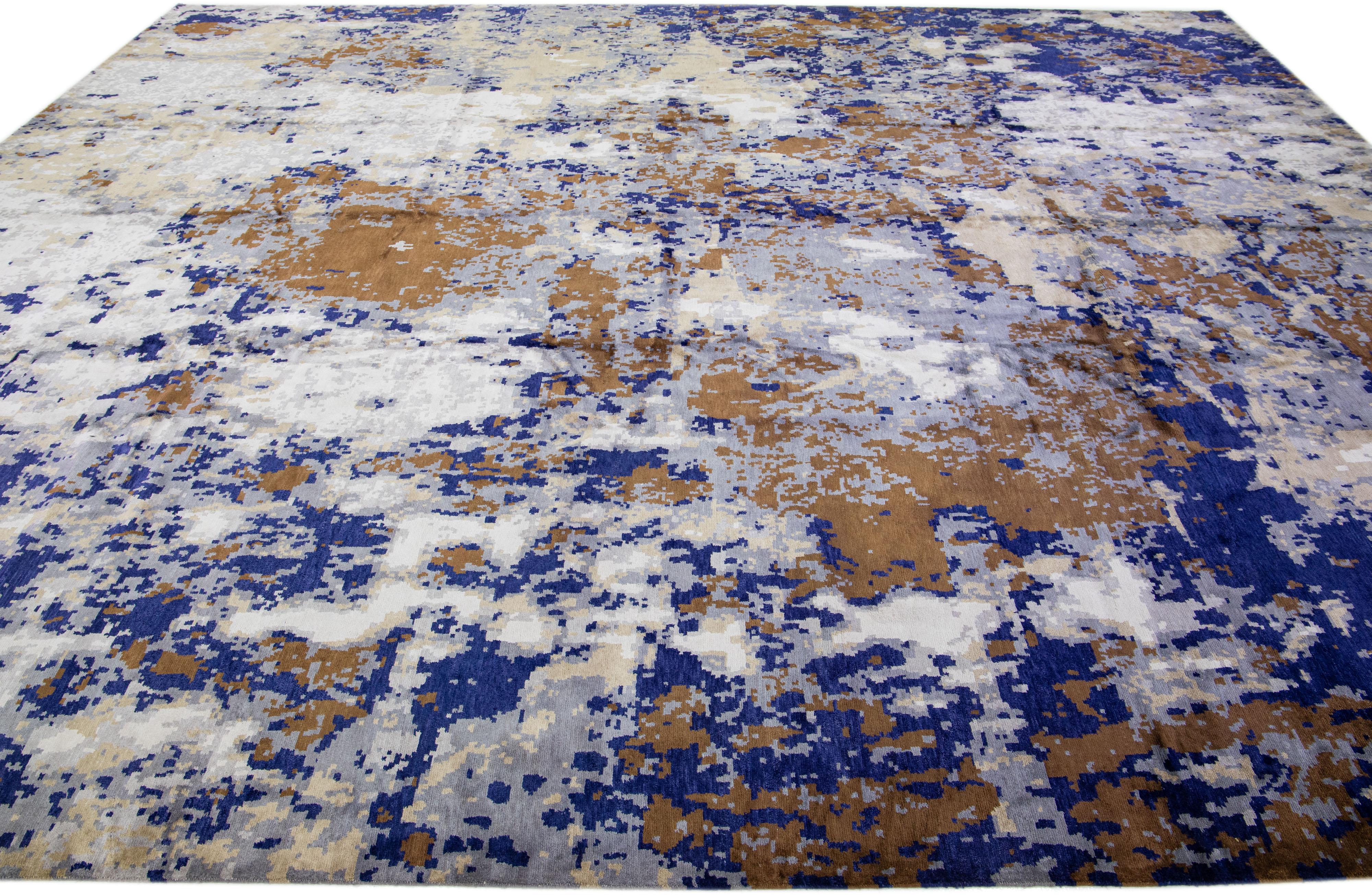 Hand-Knotted Modern Abstract Wool & Silk Rug Handmade with Blue and Brown Accents  For Sale
