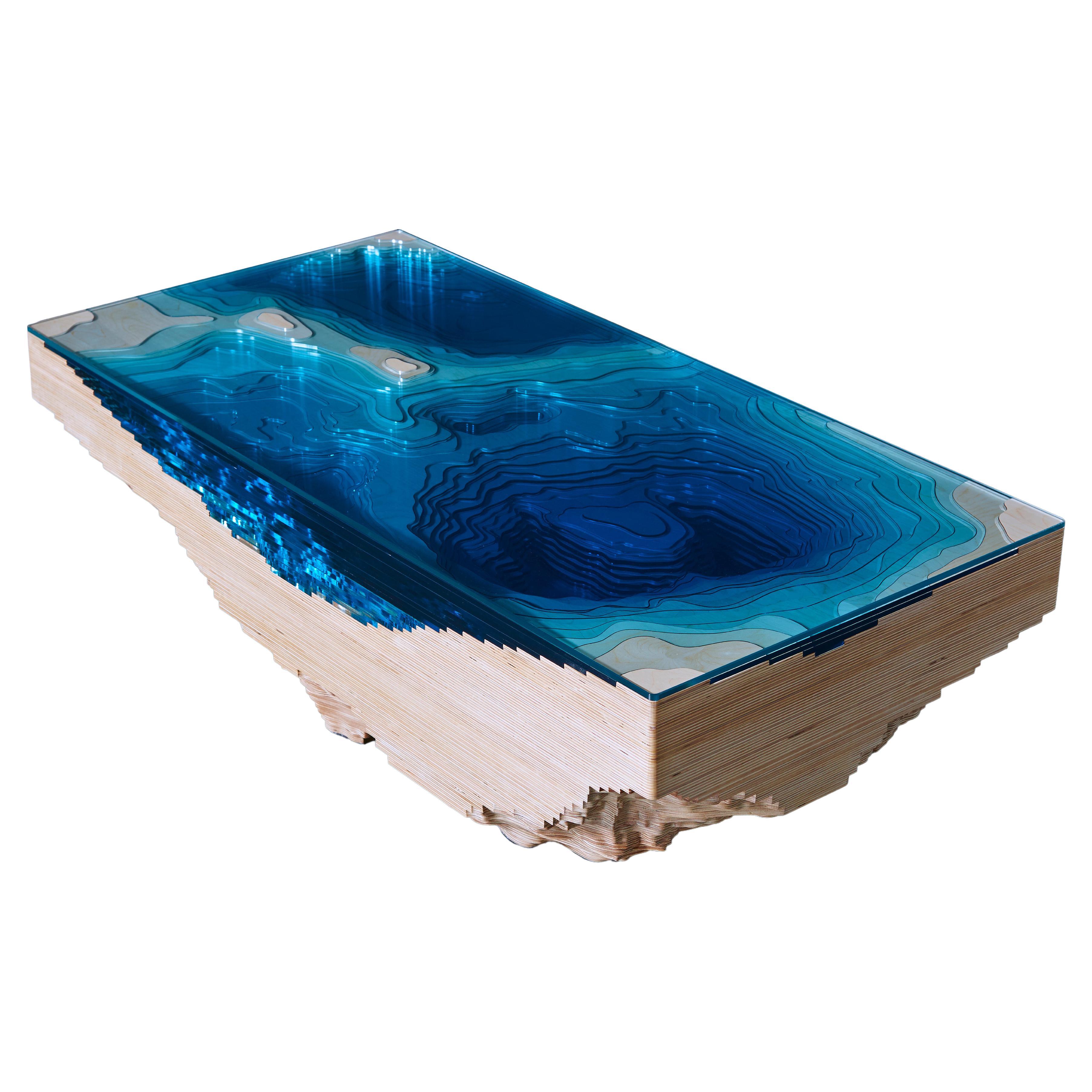 Modern Rectangular Abyss Coffee Table in Birch Wood & Glass  For Sale