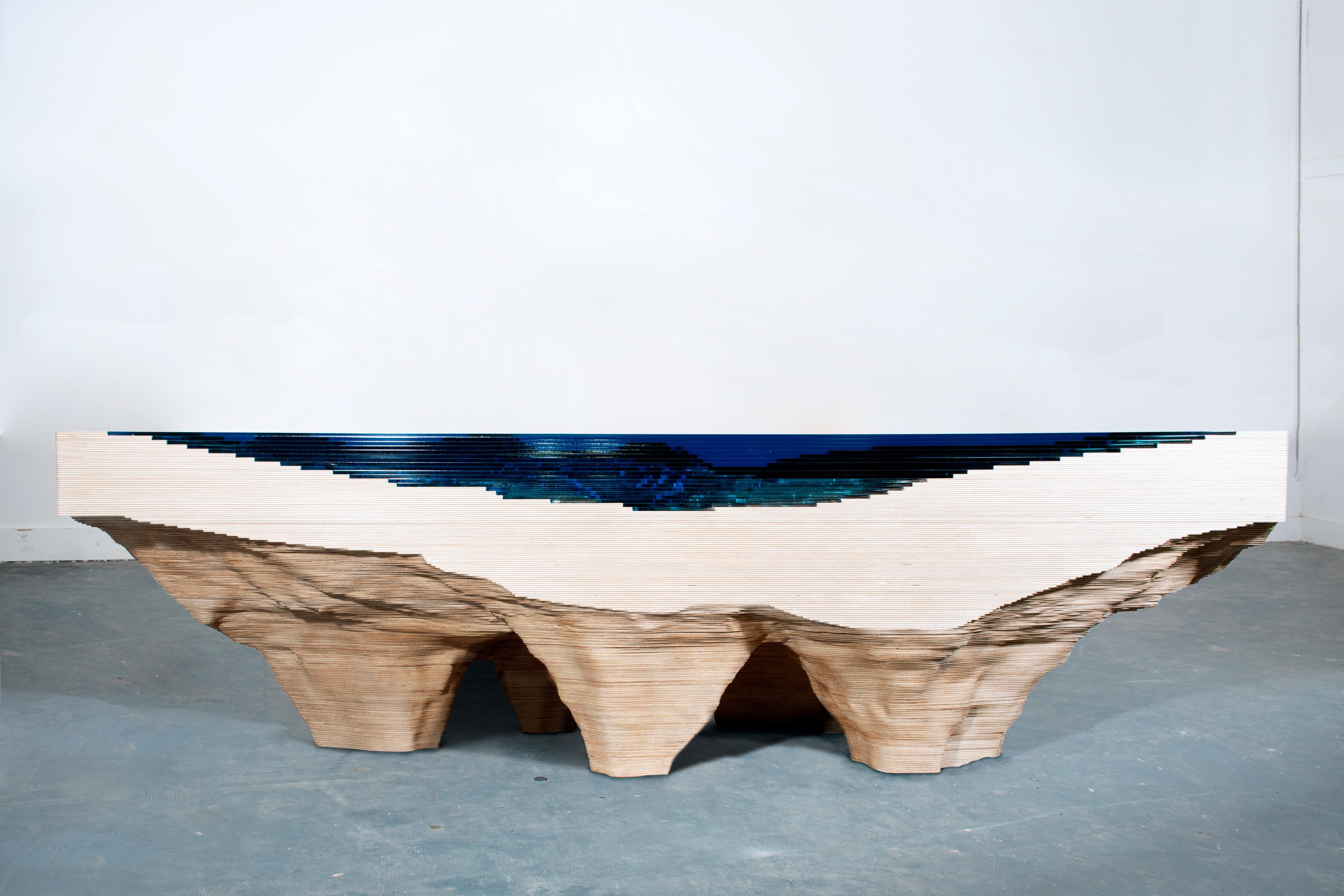 Modern 'Abyss Host' Centre Table in Wood & Blue Tinted Glass In New Condition For Sale In London, GB