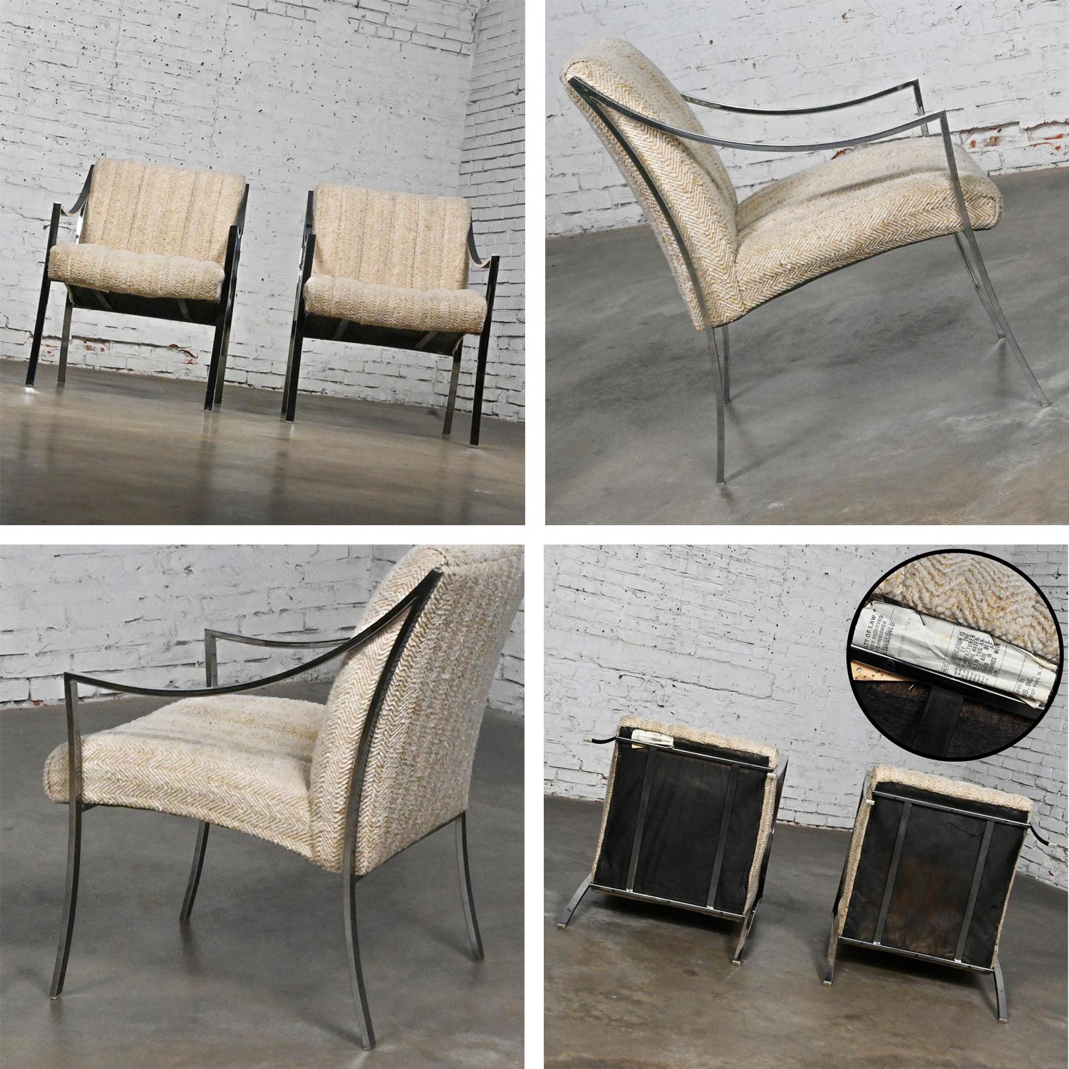 Modern Accent Chairs by Carsons Inc Chrome Frames & Oatmeal Herringbone a Pair For Sale 6