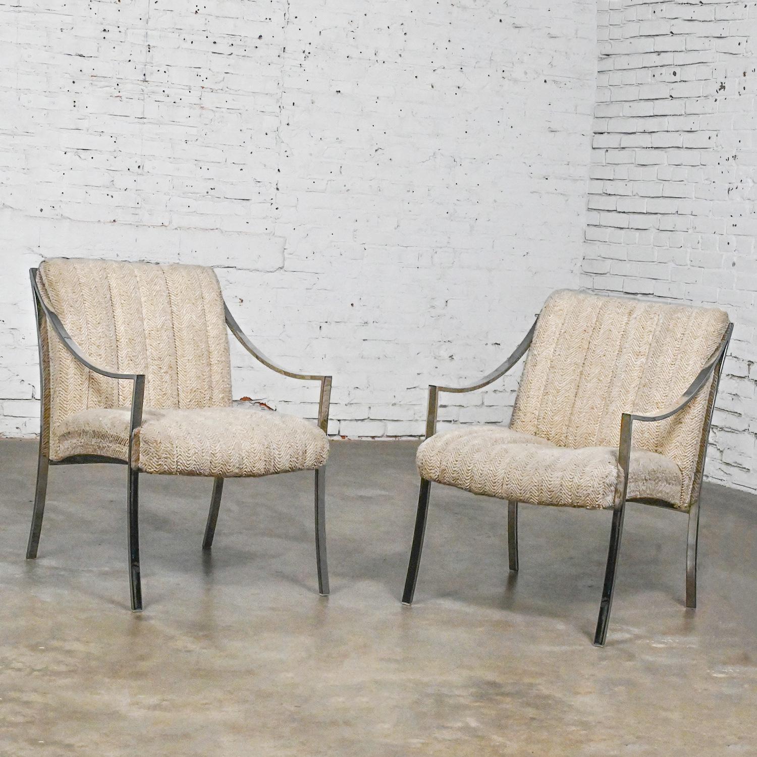 Wonderful MCM (Mid-Century Modern) to Modern Carsons Incorporated accent chairs with rectangular chrome tube frames and original oatmeal herringbone fabric, a pair. Beautiful condition, keeping in mind that these are vintage and not new so will have