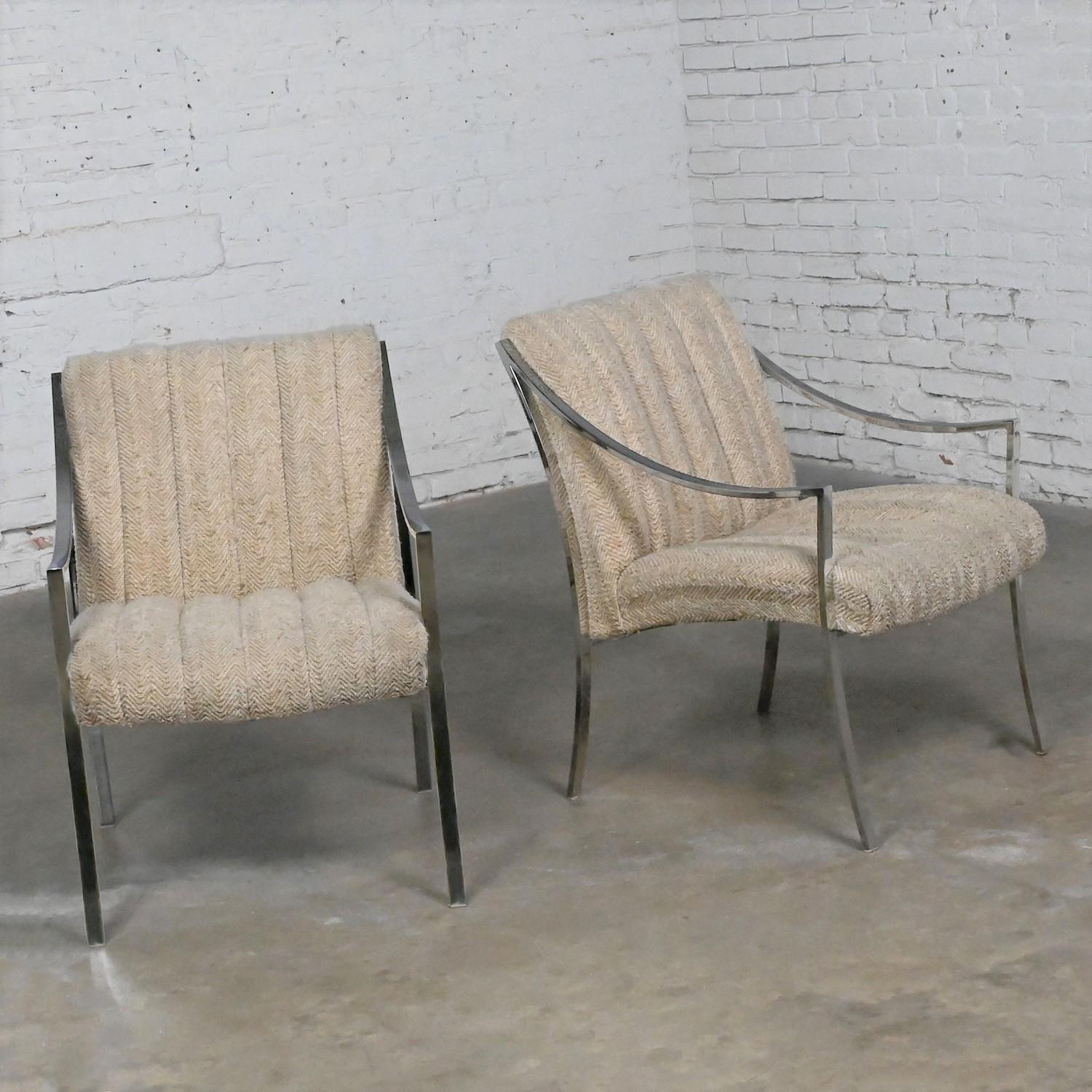 American Modern Accent Chairs by Carsons Inc Chrome Frames & Oatmeal Herringbone a Pair For Sale