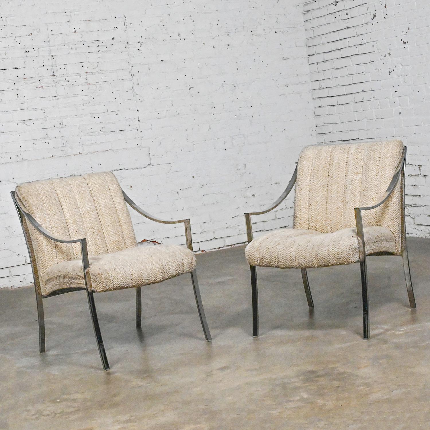 Modern Accent Chairs by Carsons Inc Chrome Frames & Oatmeal Herringbone a Pair In Good Condition For Sale In Topeka, KS