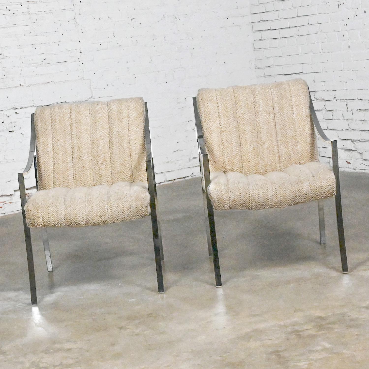 20th Century Modern Accent Chairs by Carsons Inc Chrome Frames & Oatmeal Herringbone a Pair For Sale