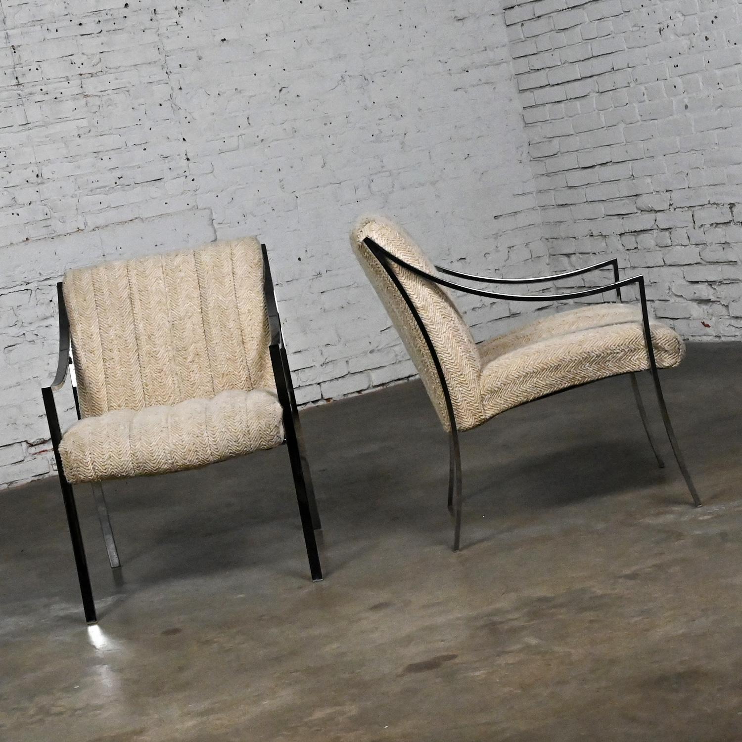Metal Modern Accent Chairs by Carsons Inc Chrome Frames & Oatmeal Herringbone a Pair For Sale
