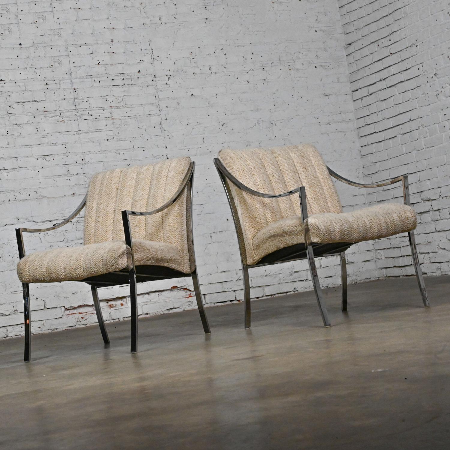 Modern Accent Chairs by Carsons Inc Chrome Frames & Oatmeal Herringbone a Pair For Sale 2