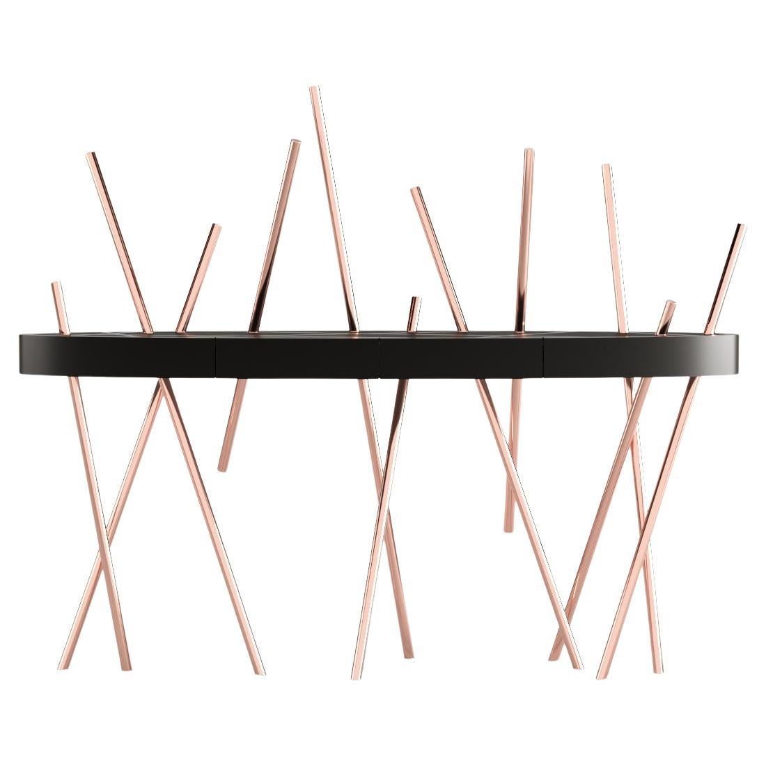Modern Accent Console Table Black Oak Wood Black Lacquered Wood Brushed Copper