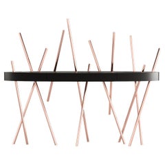 Modern Accent Console Table Black Oak Wood Black Lacquered Wood Brushed Copper