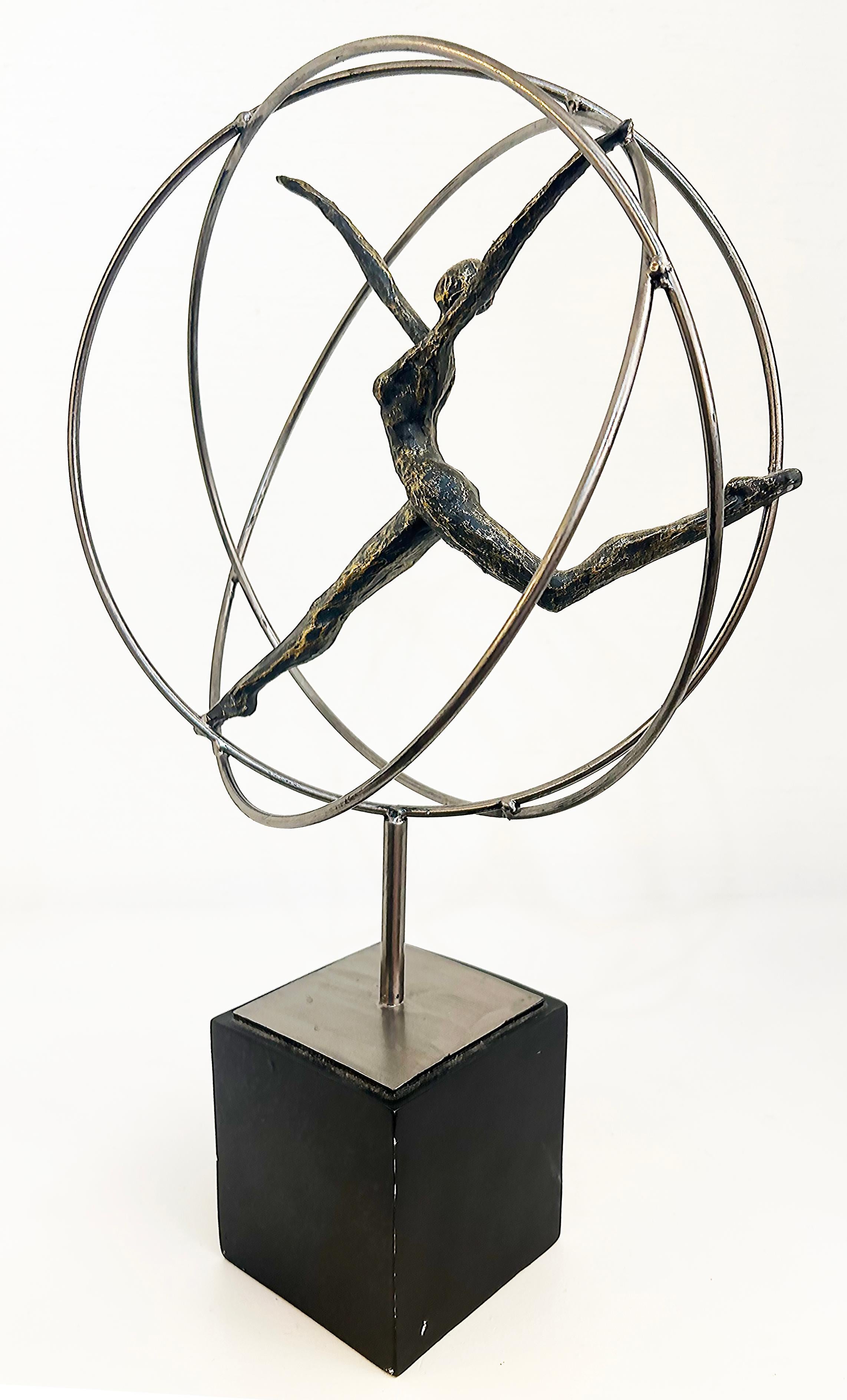 Modern Acrobats on Rings Figurative Metal Sculpture Mounted on Square Base For Sale 6