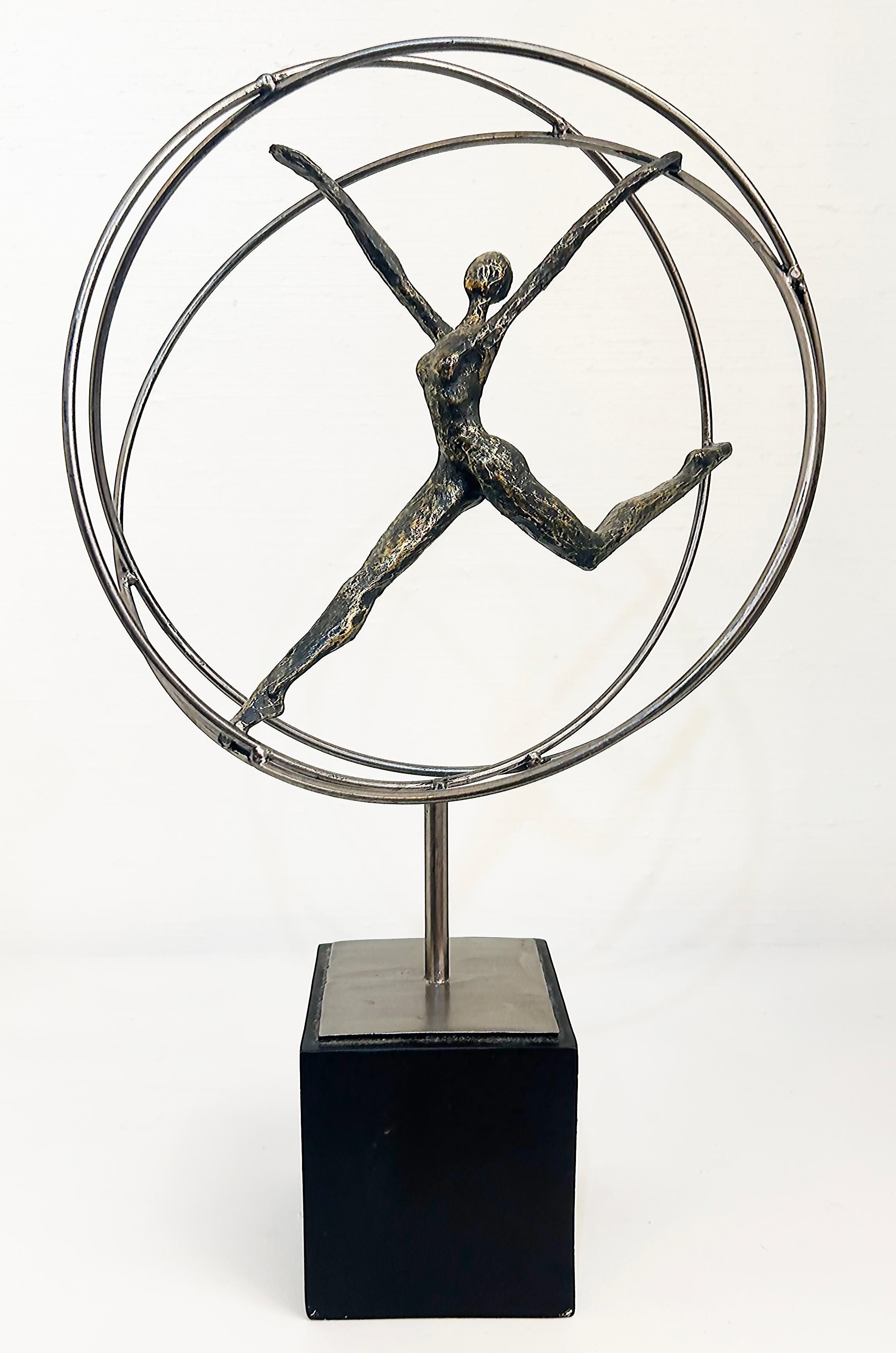 Modern Acrobats on Rings Figurative Metal Sculpture Mounted on Square Base For Sale 7