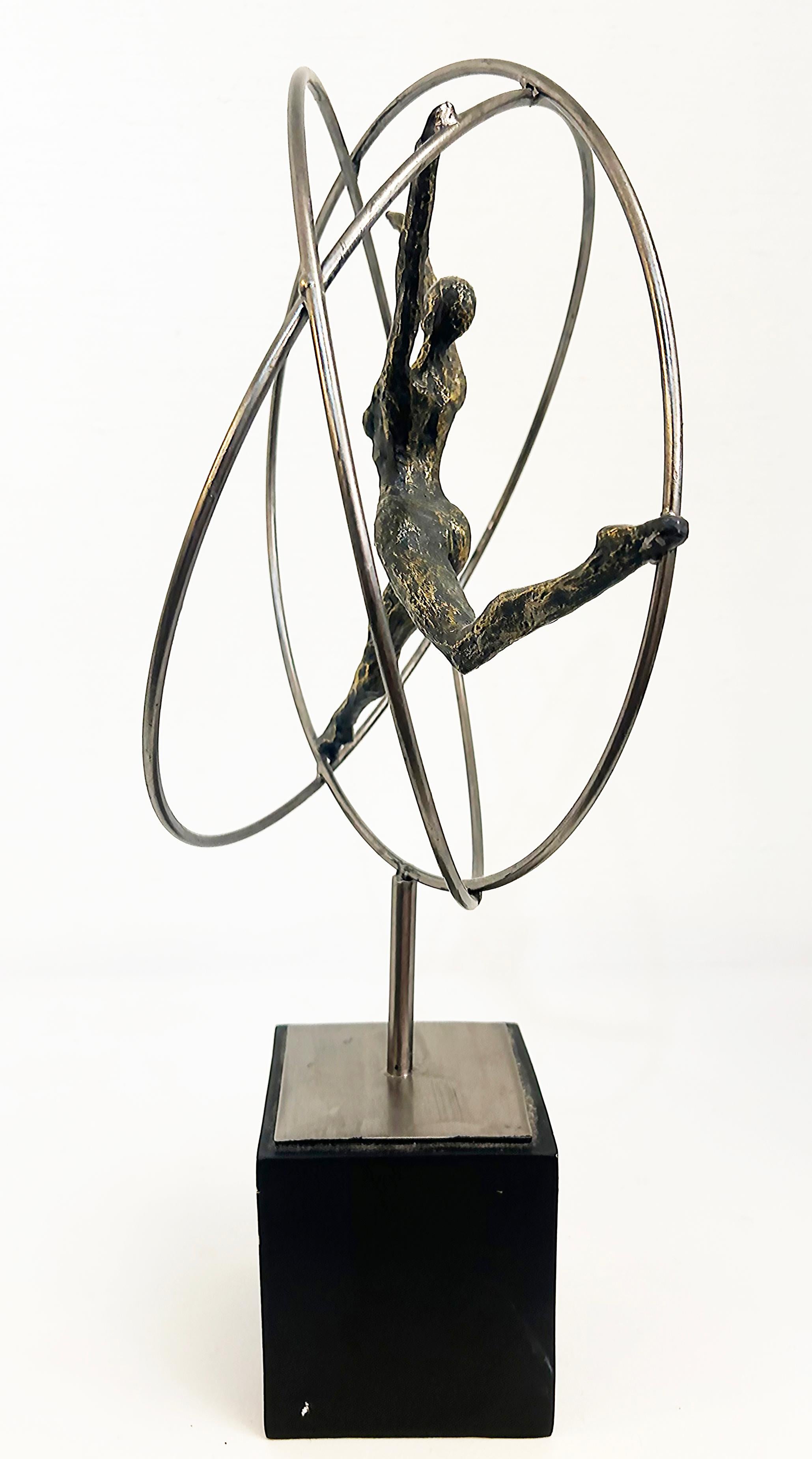 Modern Acrobats on Rings Figurative Metal Sculpture Mounted on Square Base For Sale 1