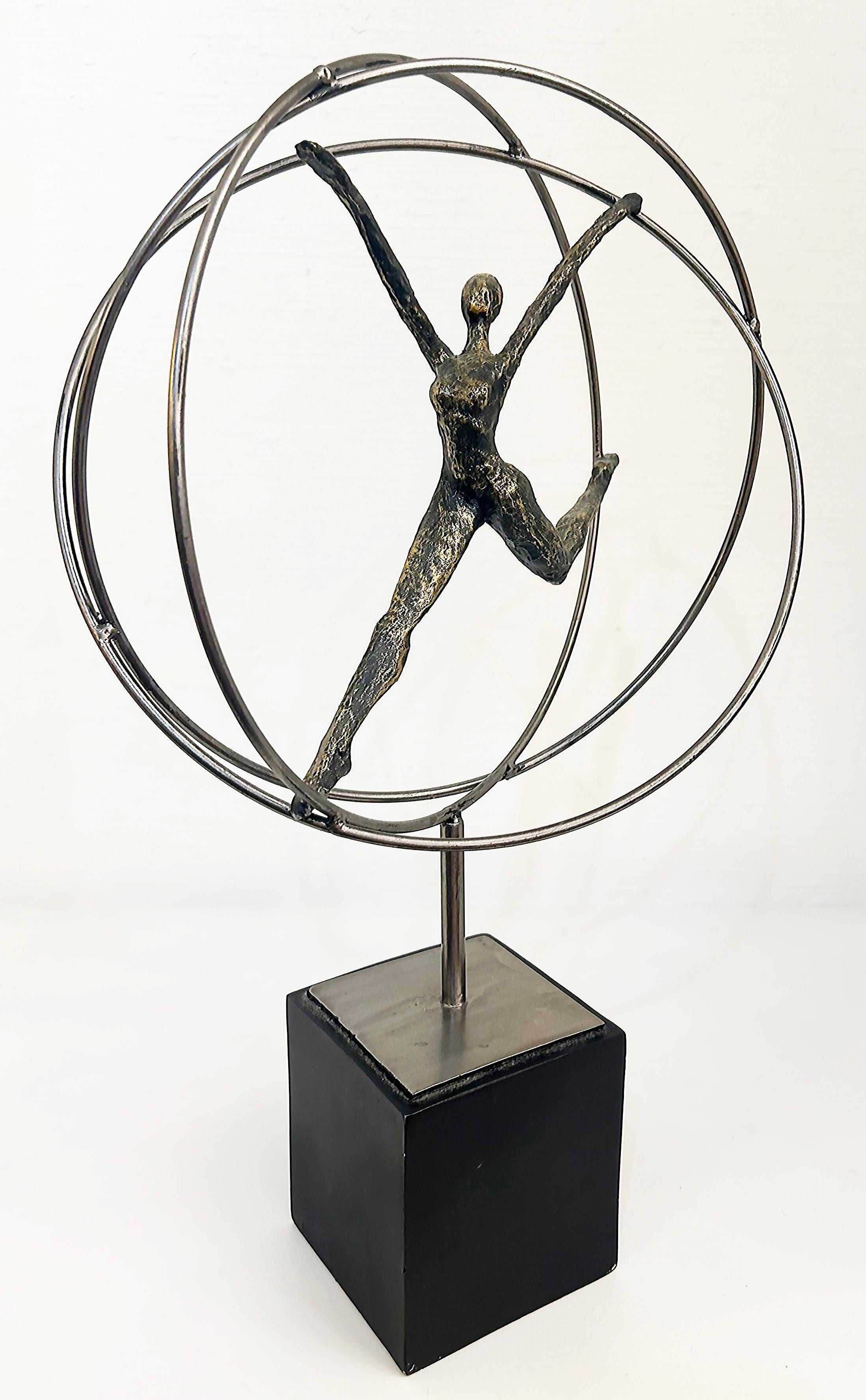 Modern Acrobats on Rings Figurative Metal Sculpture Mounted on Square Base For Sale 2