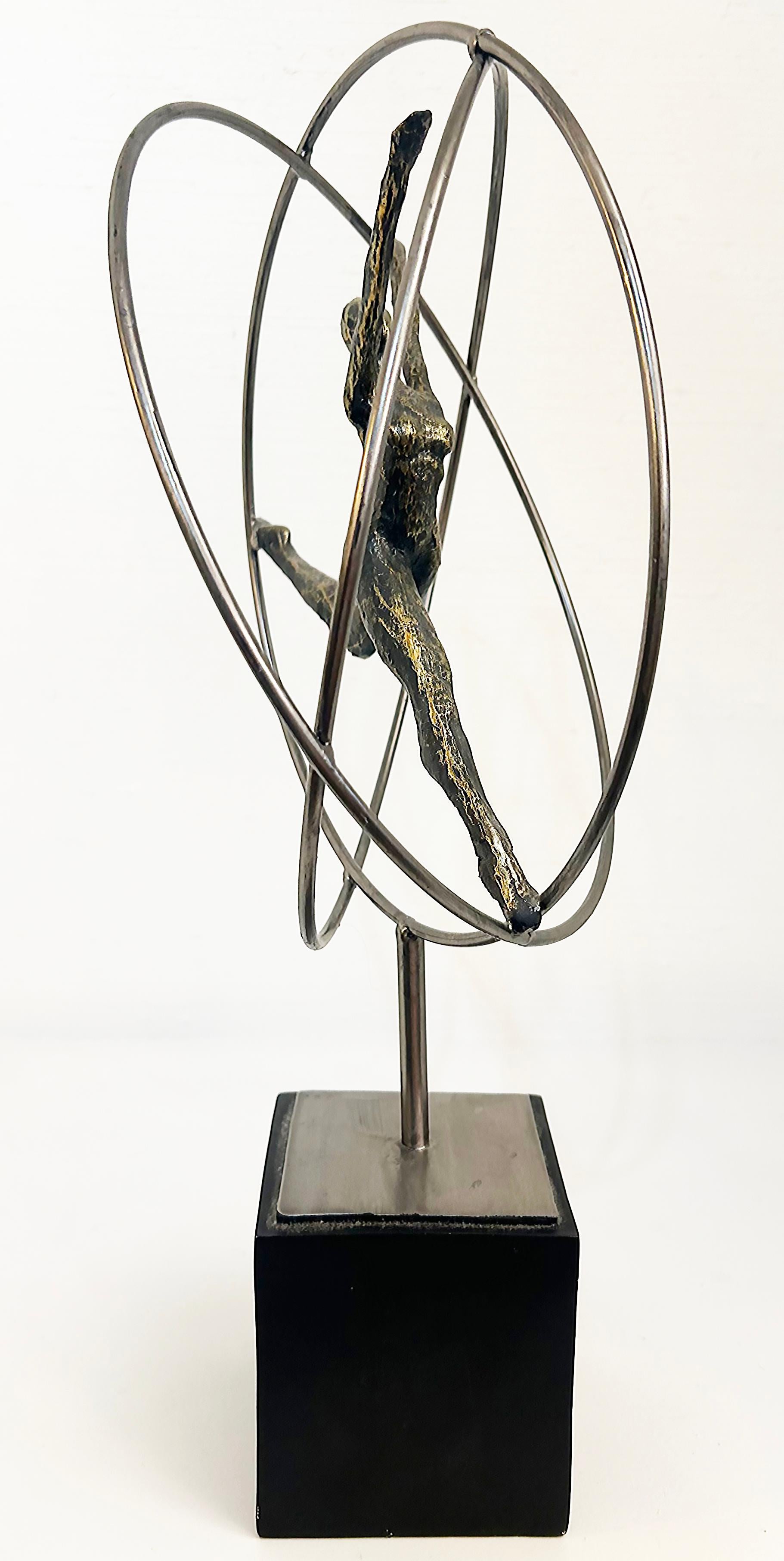 Modern Acrobats on Rings Figurative Metal Sculpture Mounted on Square Base For Sale 3
