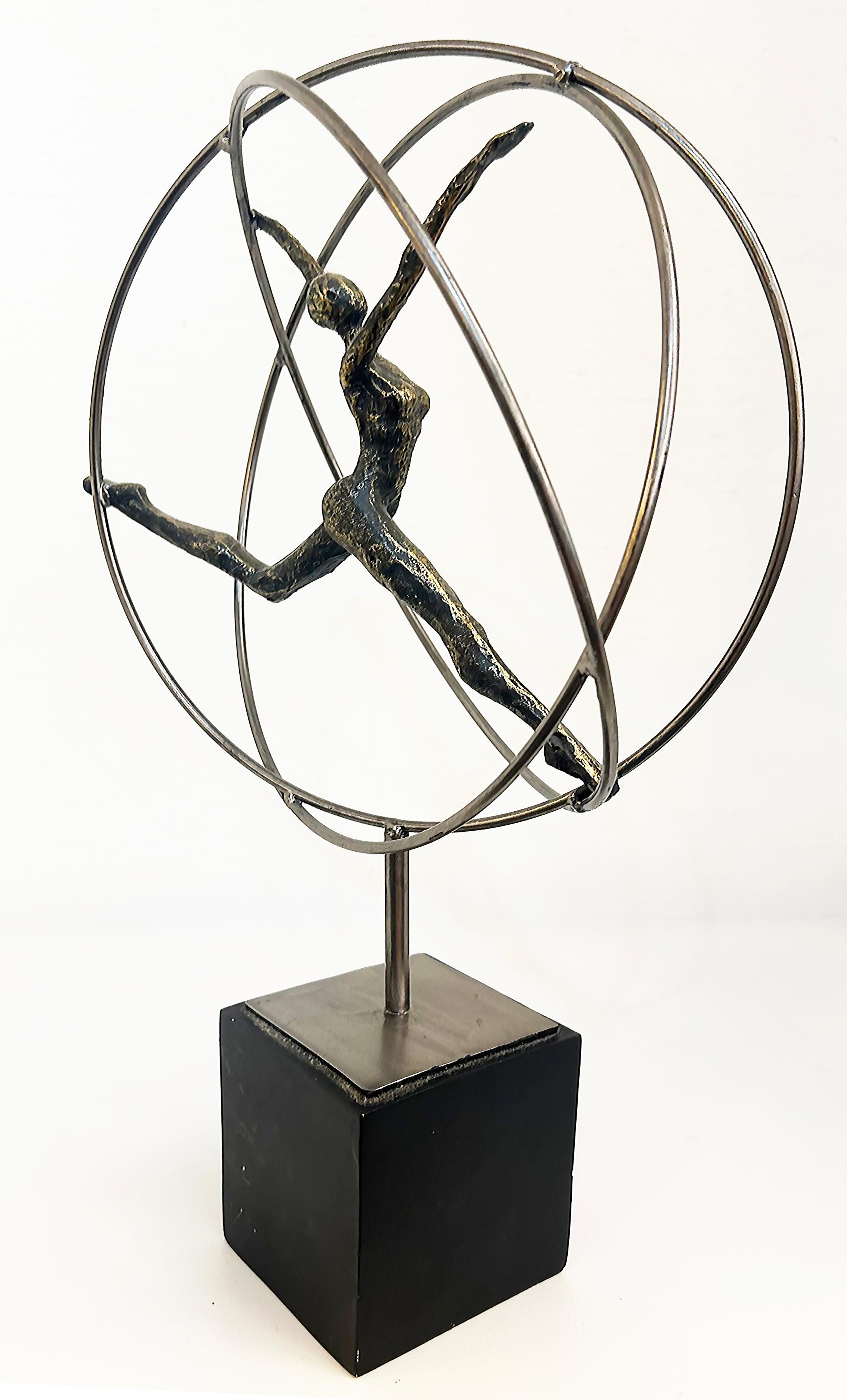 Modern Acrobats on Rings Figurative Metal Sculpture Mounted on Square Base For Sale 4