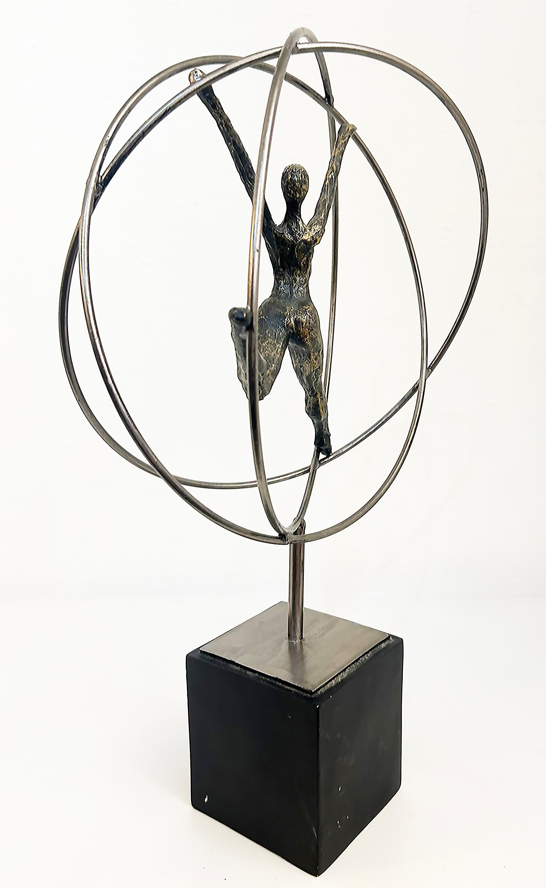 Modern Acrobats on Rings Figurative Metal Sculpture Mounted on Square Base For Sale 5