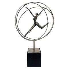 Vintage Modern Acrobats on Rings Figurative Metal Sculpture Mounted on Square Base