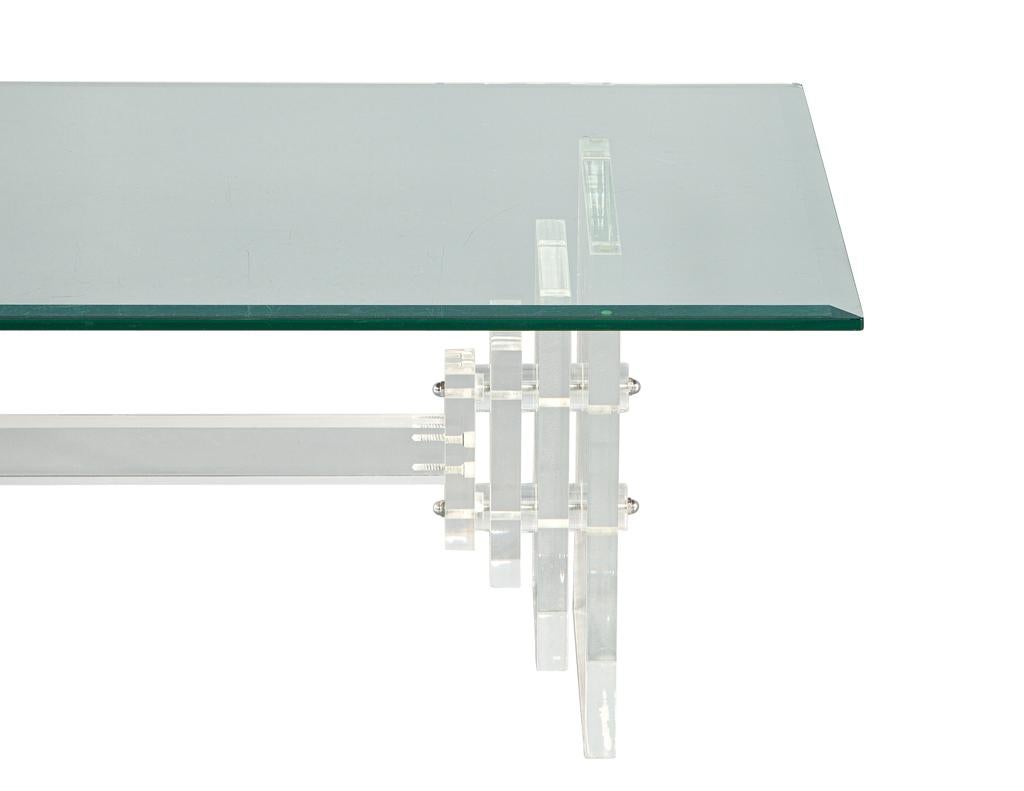 American Modern Lucite Cocktail Table with Geometric Base For Sale