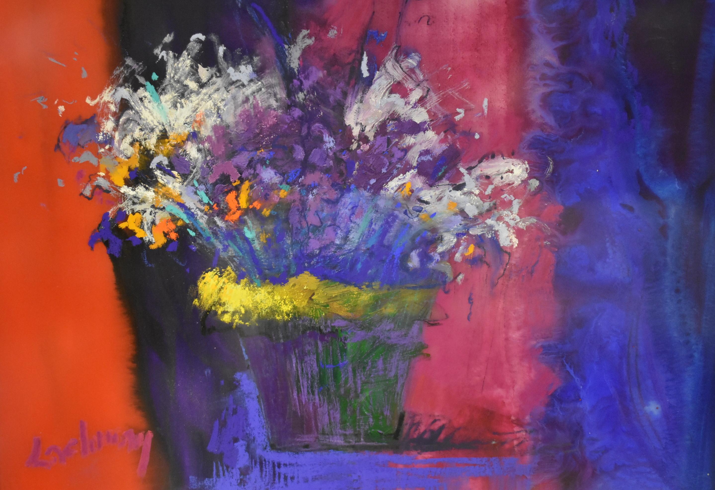 Modern impressionistic floral still life painting acrylic on paper by Al Lachman. Vibrant colors with nice technique. Signed lower right.