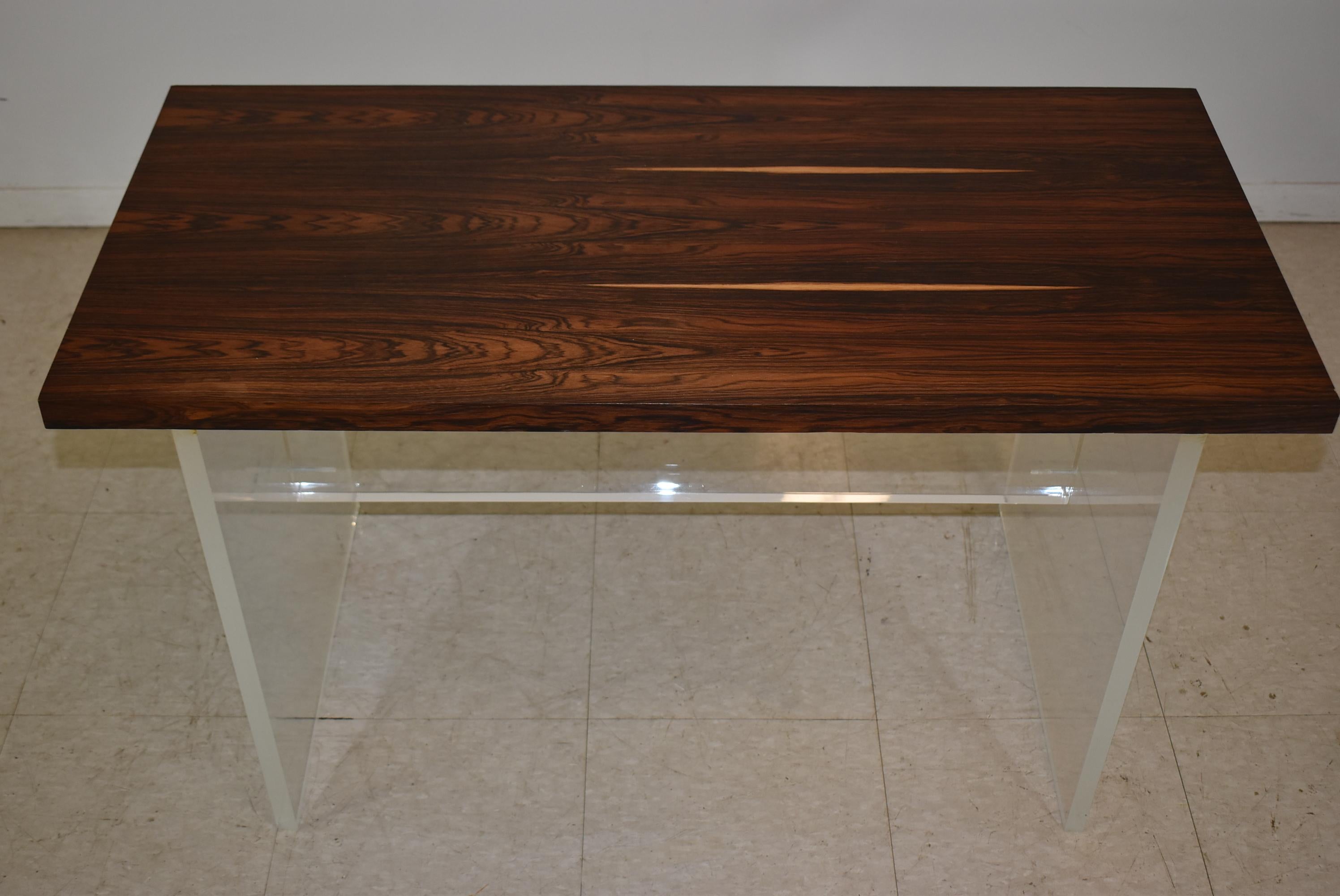 Custom made modern rosewood and acrylic side table / stand. Opalescent acrylic. Good condition. Measure: .75