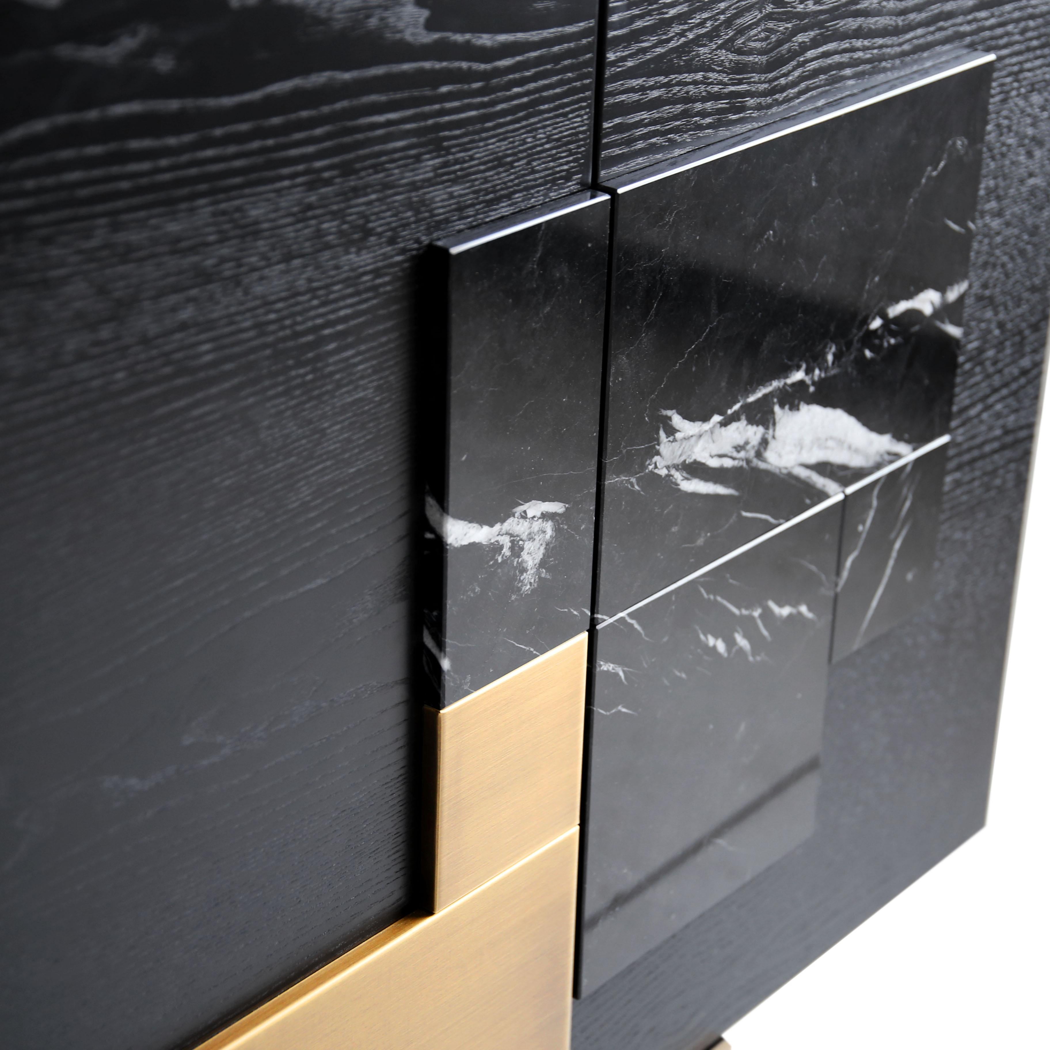 Latvian Modern Adam Black Marble Brushed Brass Ash Veneer Storage Cabinet For Sale