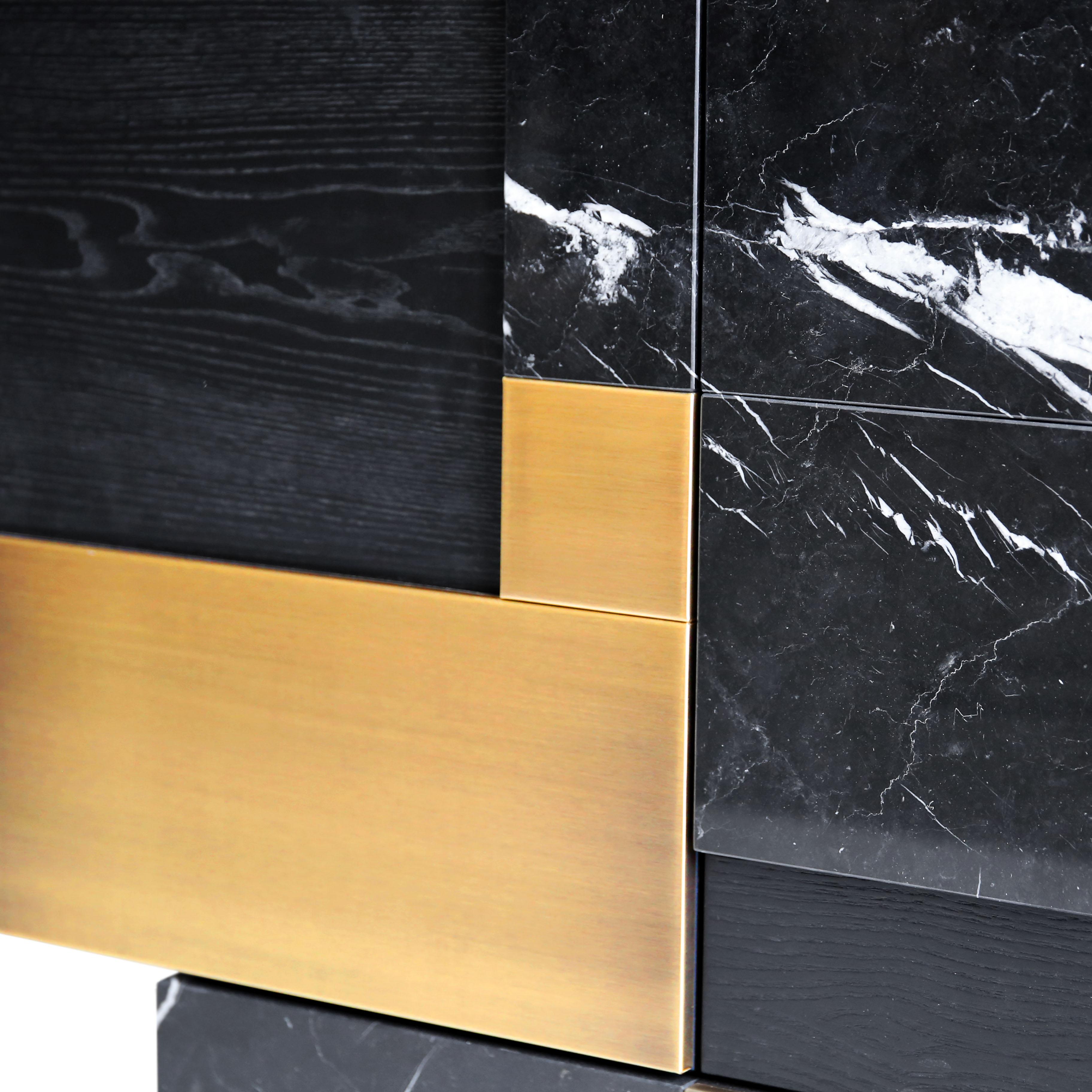 Patinated Modern Adam Black Marble Brushed Brass Ash Veneer Storage Cabinet For Sale