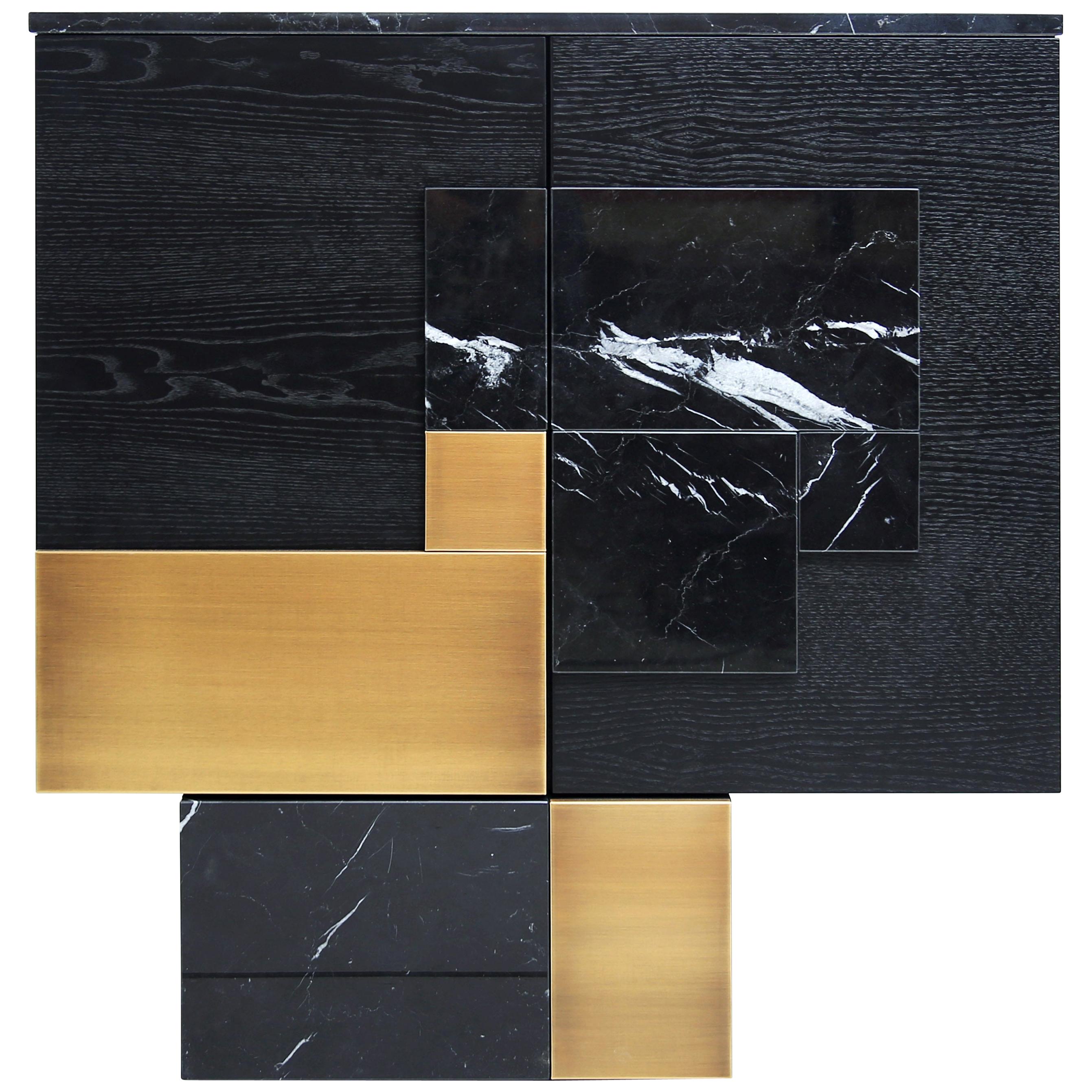 Modern Adam Black Marble Brushed Brass Ash Veneer Storage Cabinet For Sale