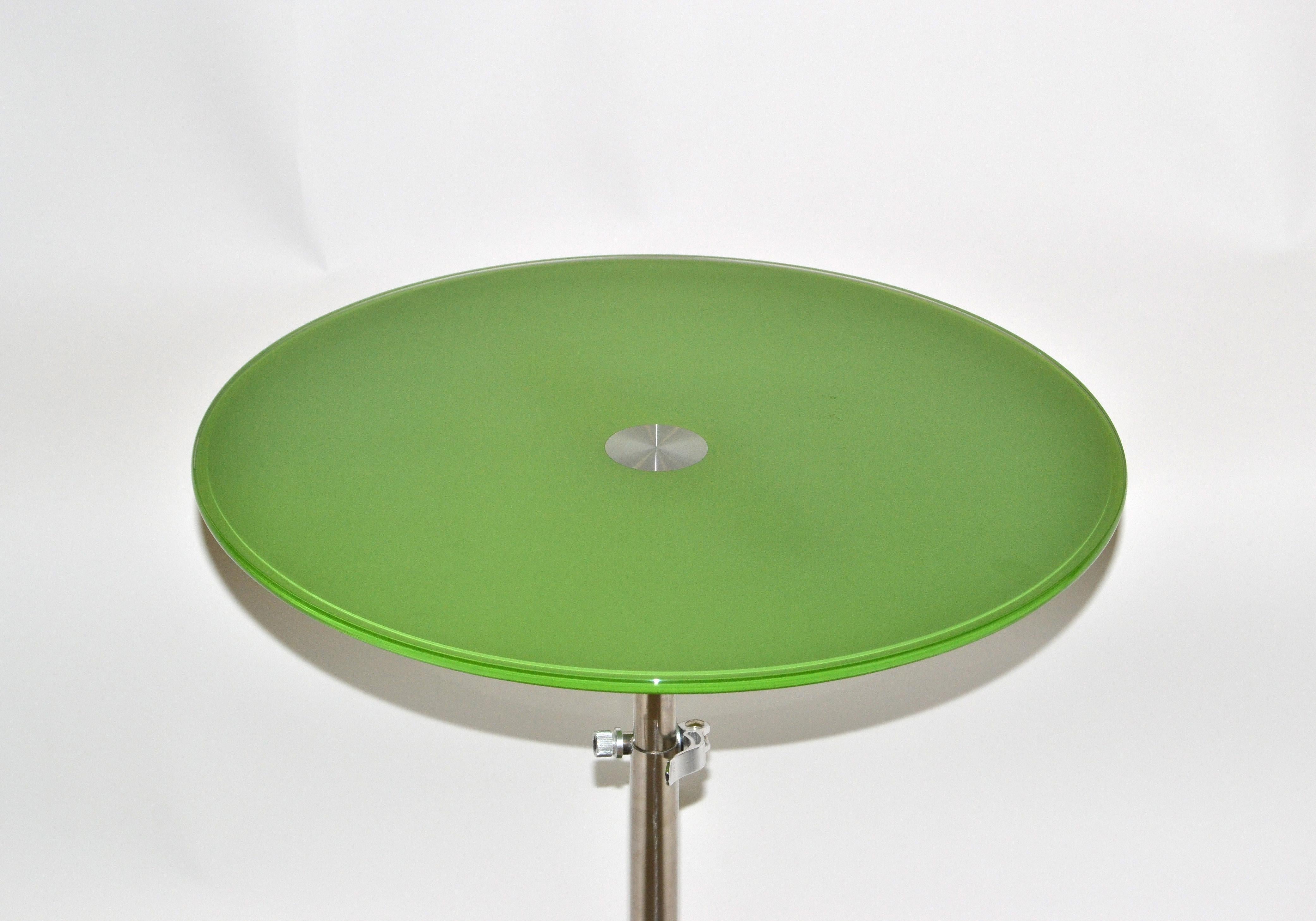 Modern Adjustable Green Tempered Glass & Brushed Steel Side Table, Bistro Table 6