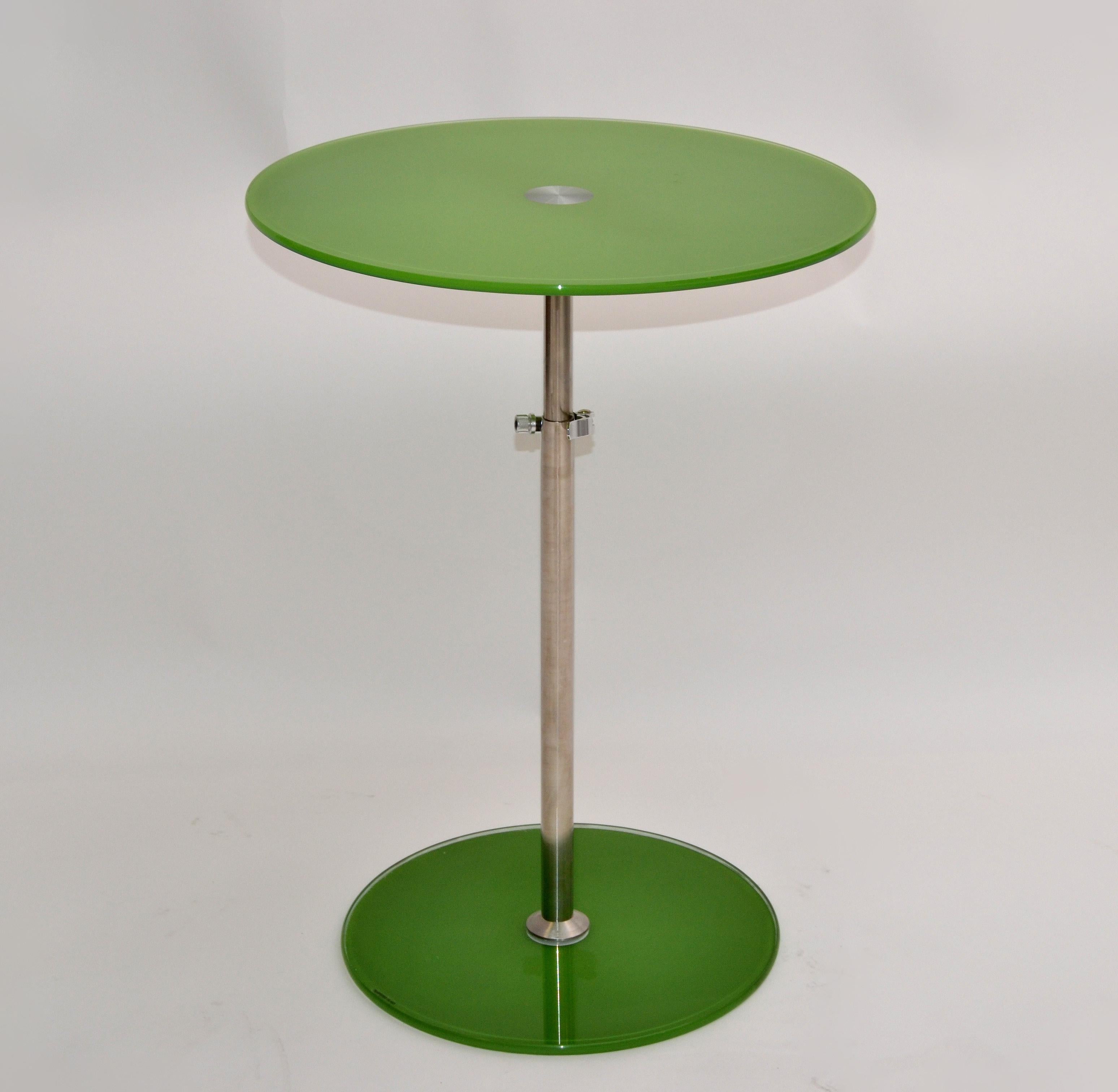 Modern Adjustable Green Tempered Glass & Brushed Steel Side Table, Bistro Table 8